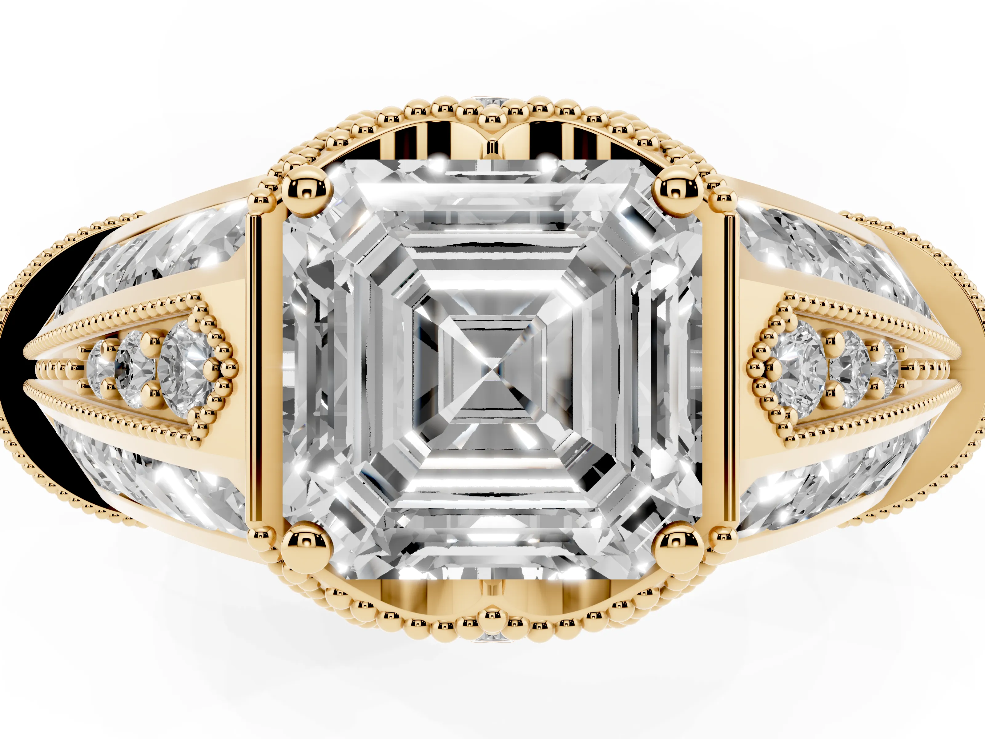 Asscher Cut Diamond Vintage-Inspired Milgrain Ring Set in Yellow gold with Accent Split Shank