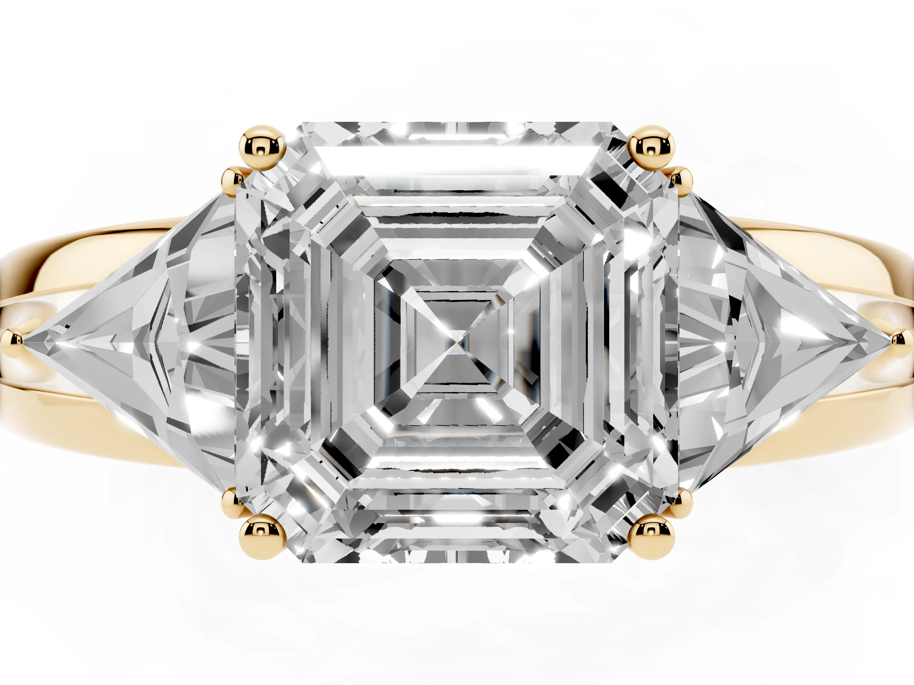 Asscher Cut Diamond Three-Stone Ring Set in Yellow gold with Trillion Side Stones and Split Shank