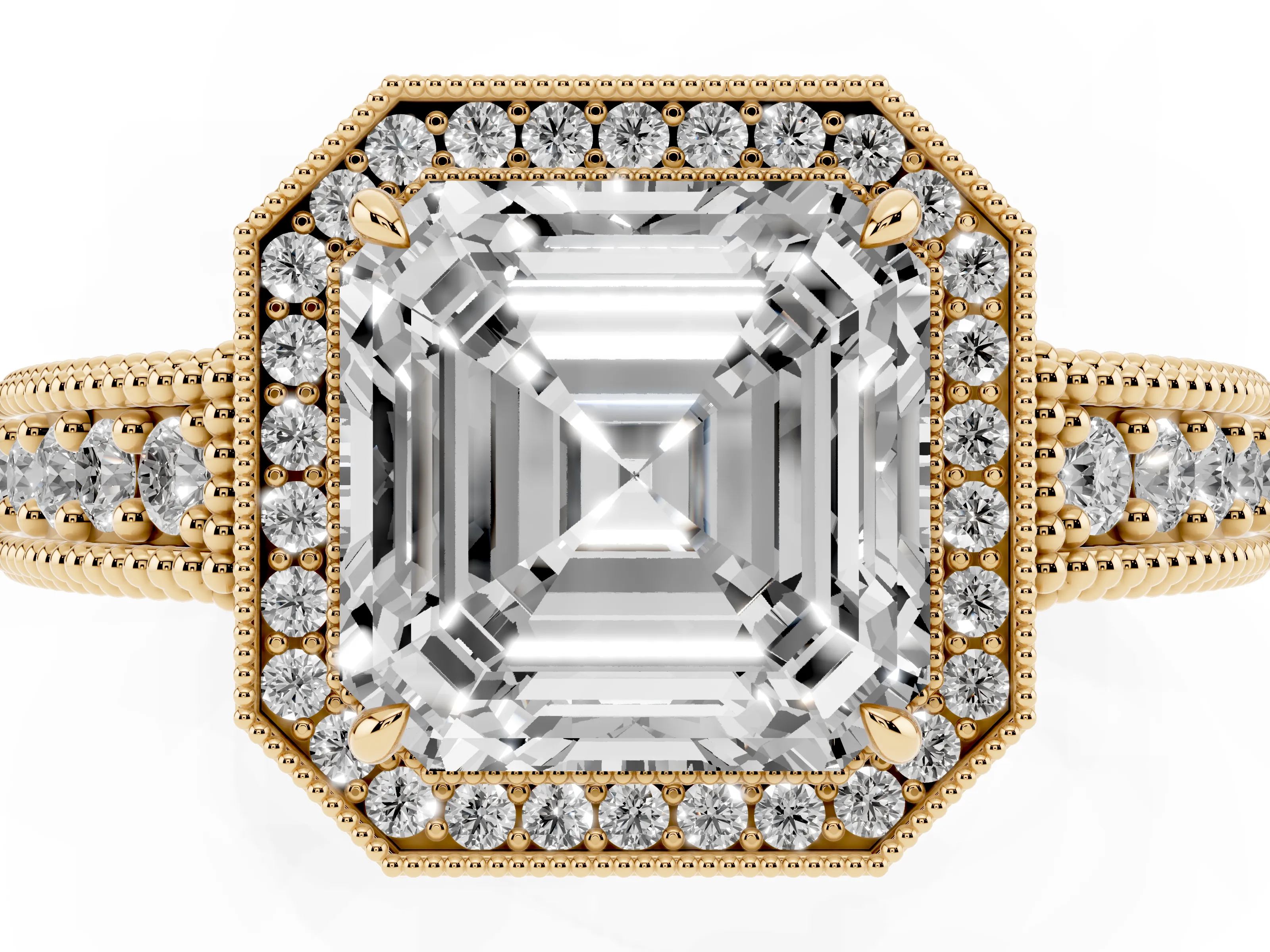 Asscher Cut Diamond Halo Ring Set in Yellow gold with Round Accent Halo, Pavé Band and Prong Setting
