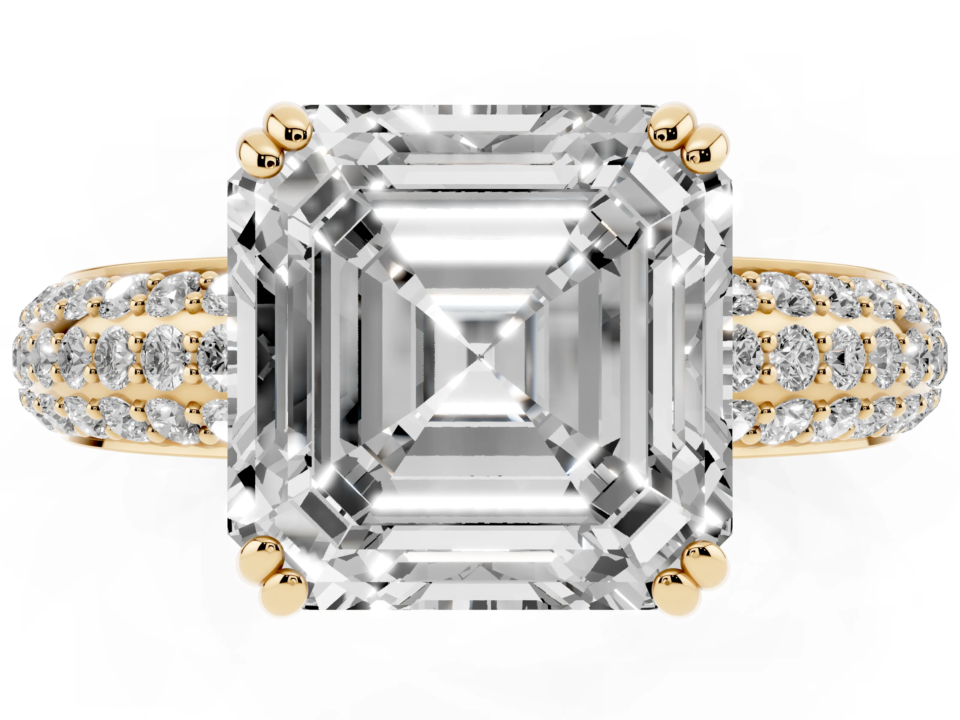 Asscher Cut Diamond Solitaire Ring Set in Yellow gold with Multi-Row Round Pavé Band and Prong Setting