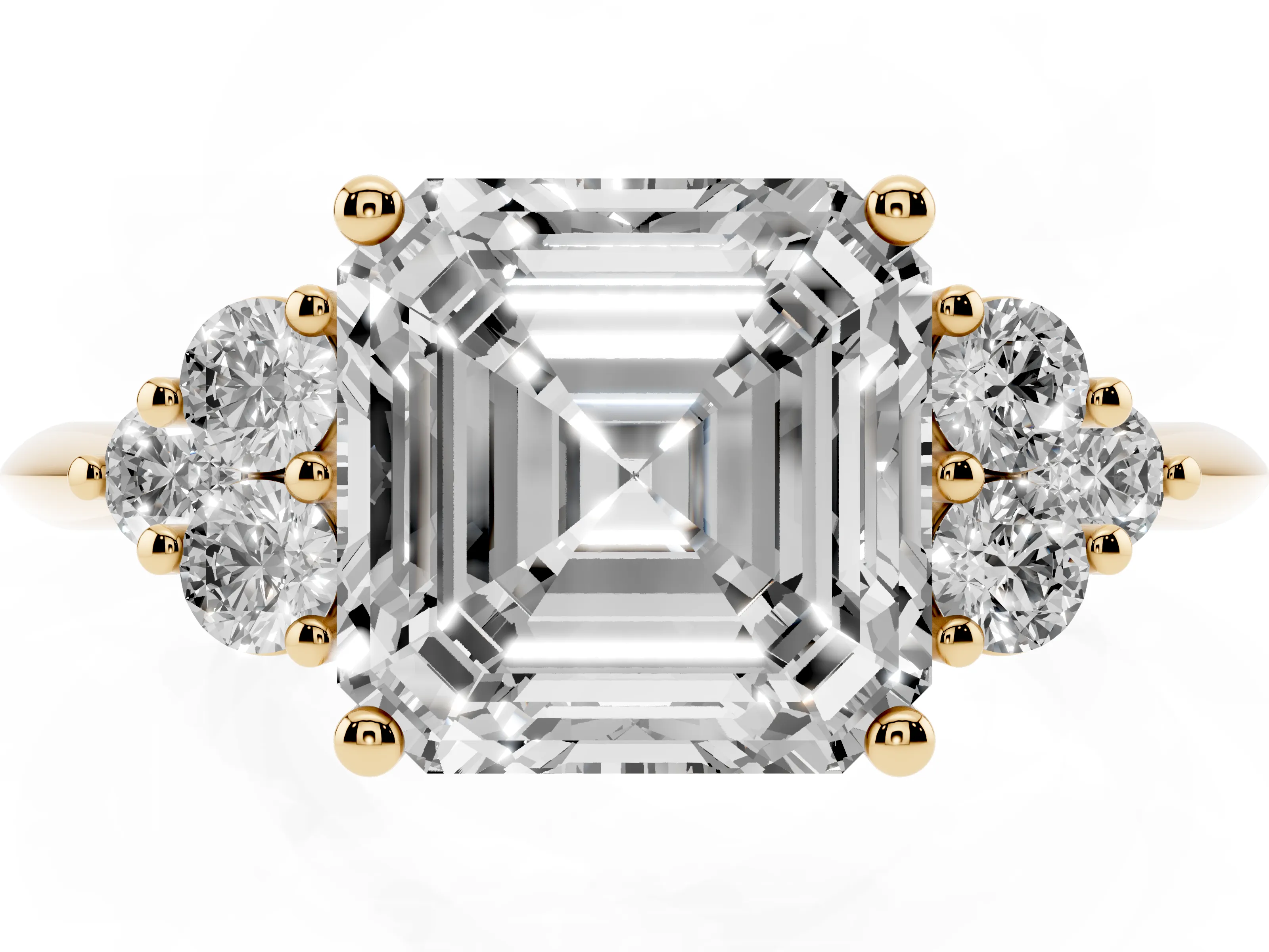 Asscher Cut Diamond Cluster Ring Set in Yellow gold with Plain Band and Prong Setting