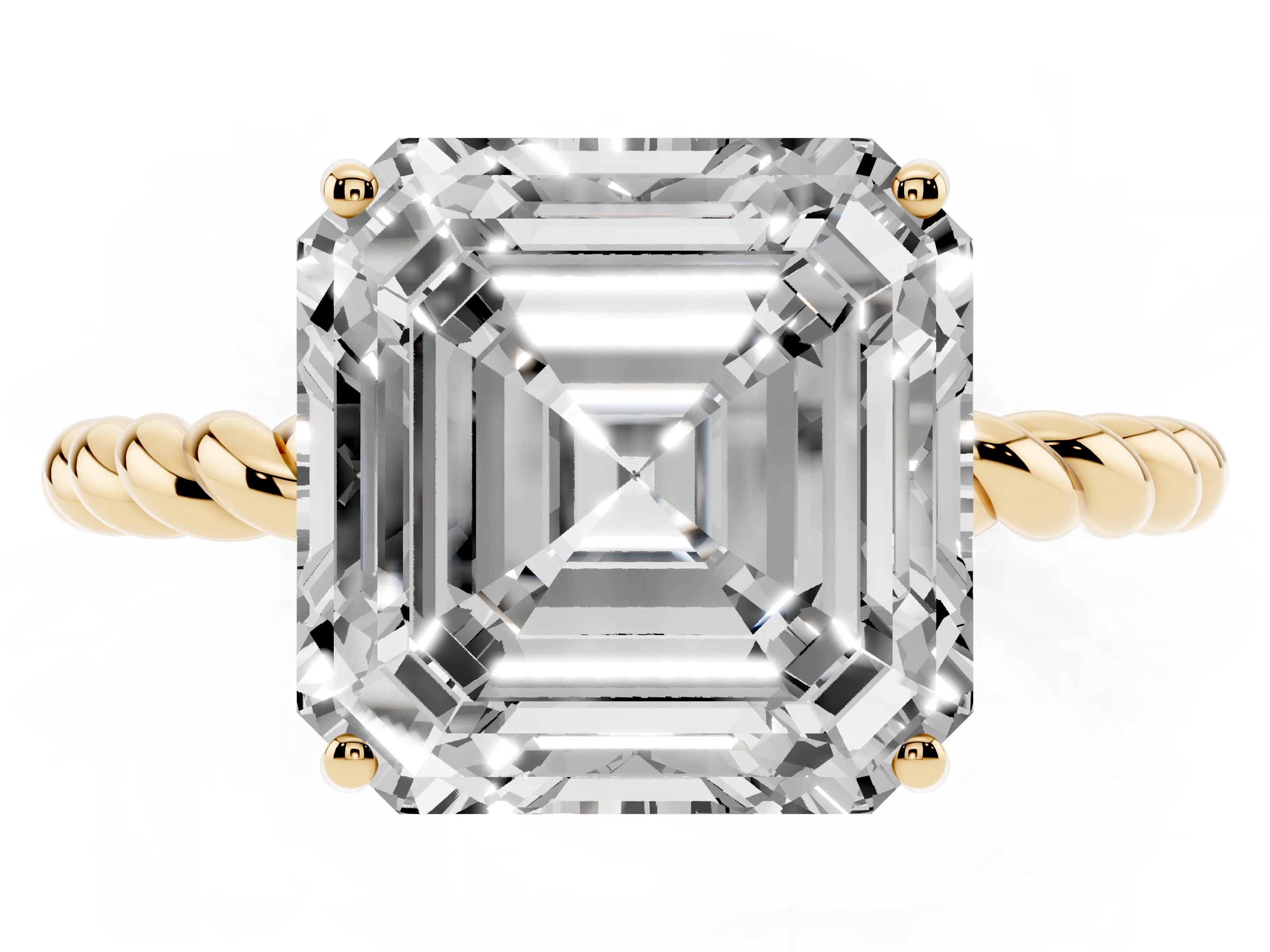 Asscher Cut Diamond Solitaire Ring Set in Yellow gold with Twist Band and Prong Setting