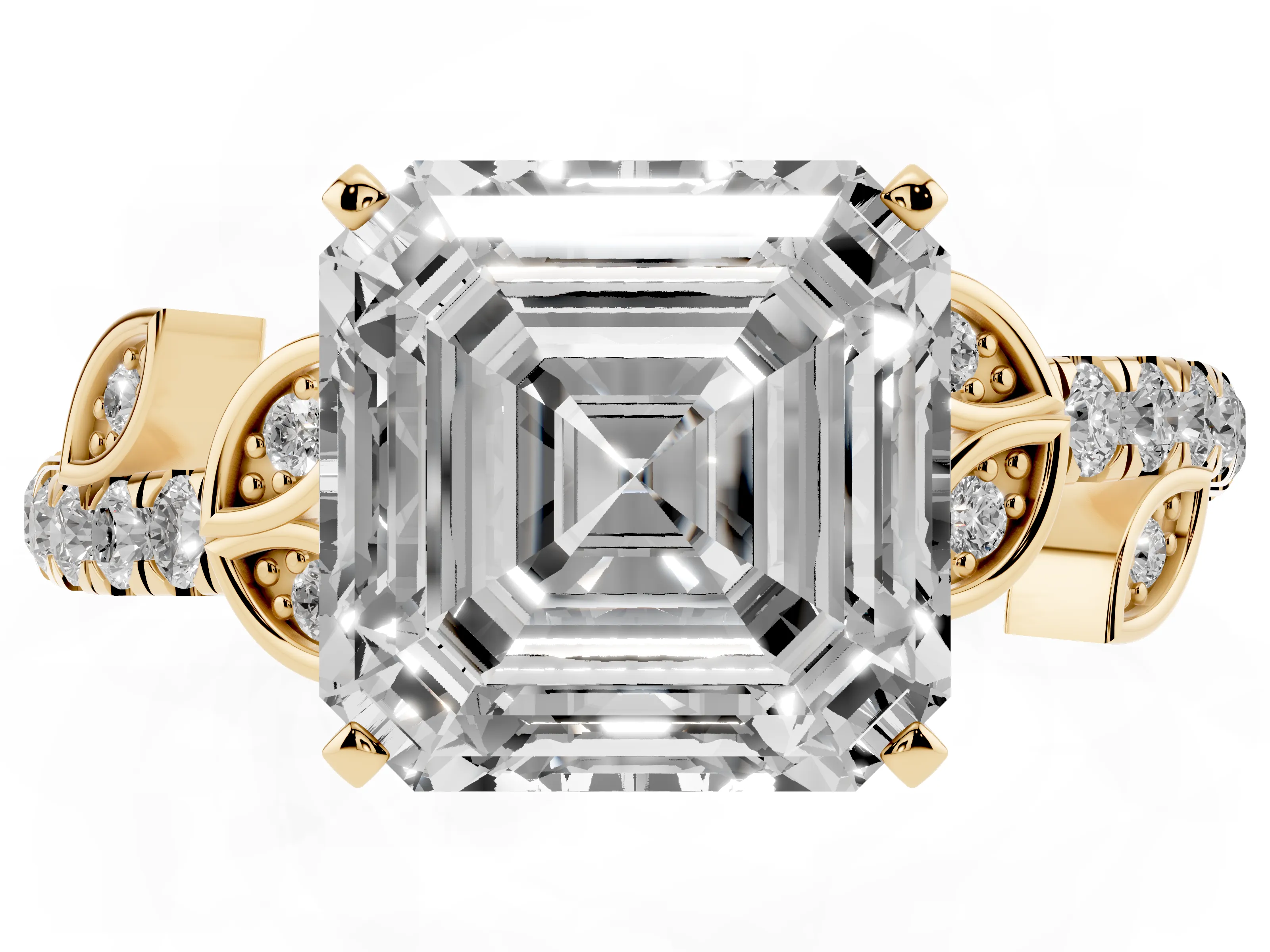 Asscher Cut Diamond Solitaire Leaf-Inspired Ring Set in Yellow gold with Pavé Band and Prong Setting