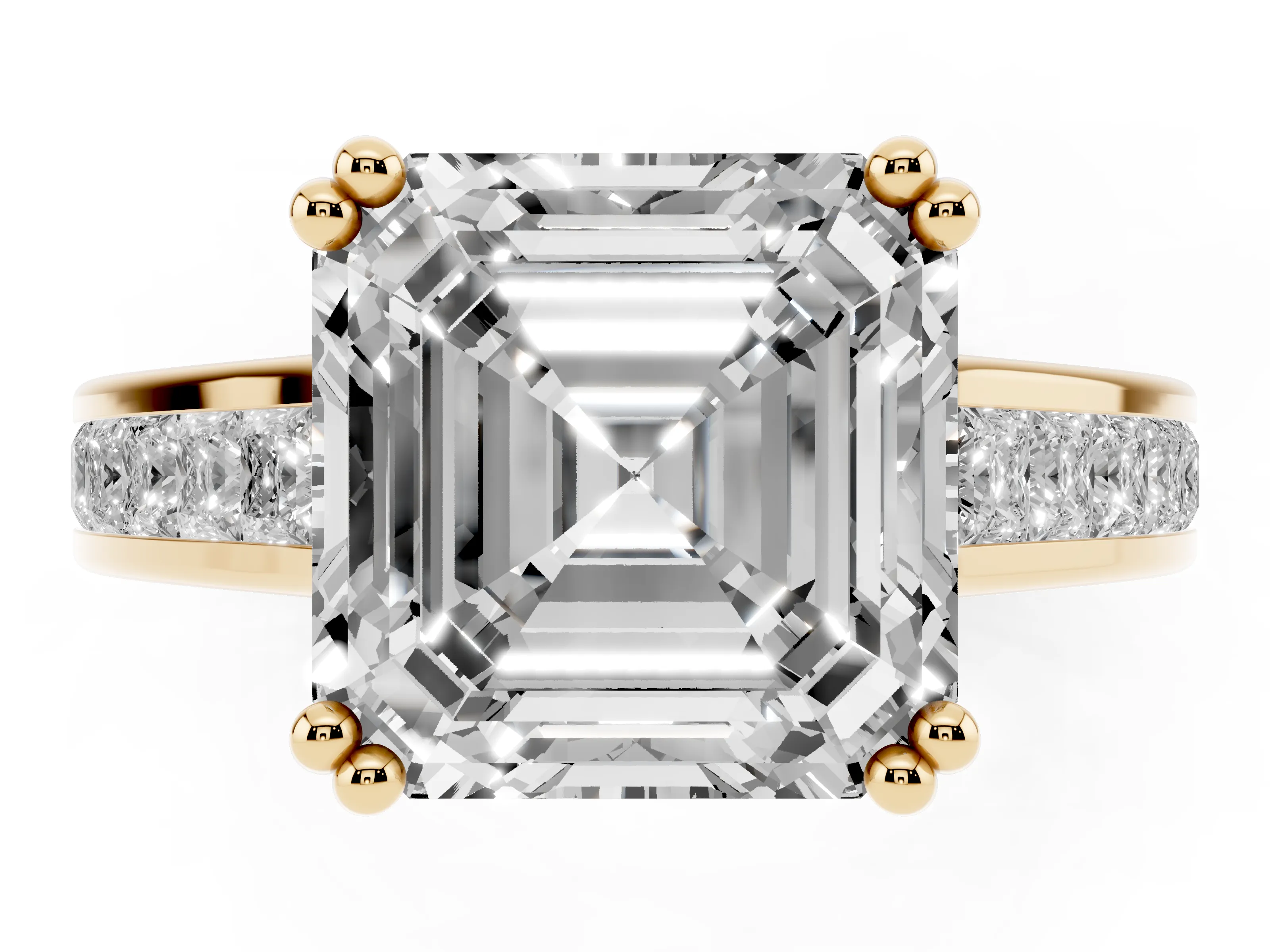 Asscher Cut Diamond Channel Set Solitaire Engagement Ring Set in Yellow gold with Prong Setting