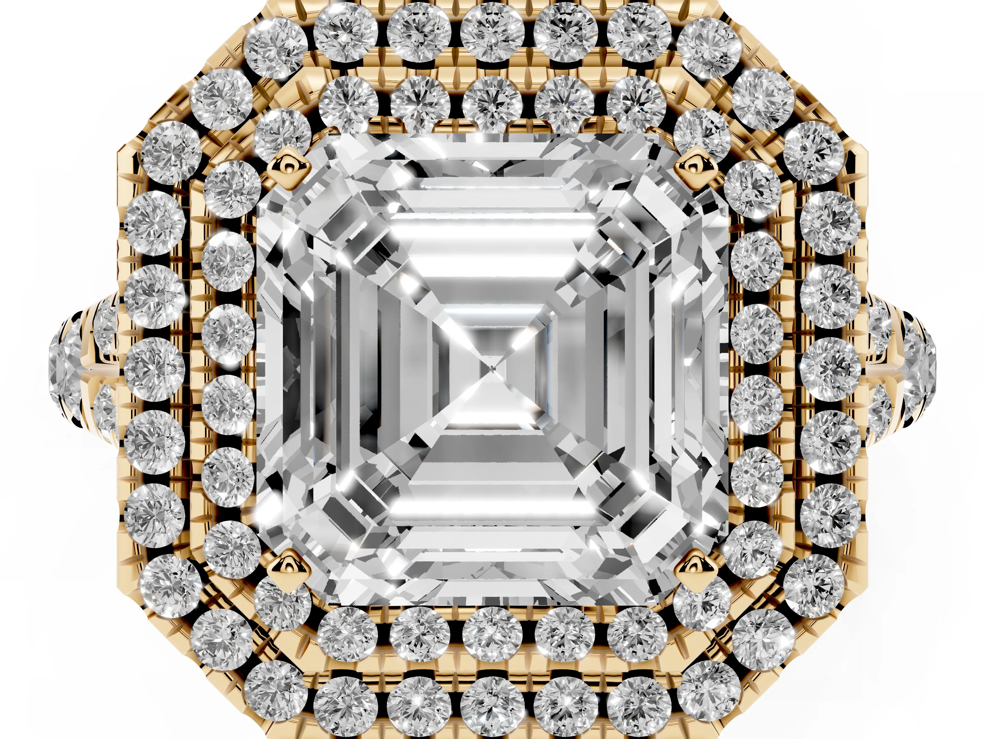 Asscher Cut Diamond Pavé Split Shank Double Halo Engagement Ring Set in Yellow gold