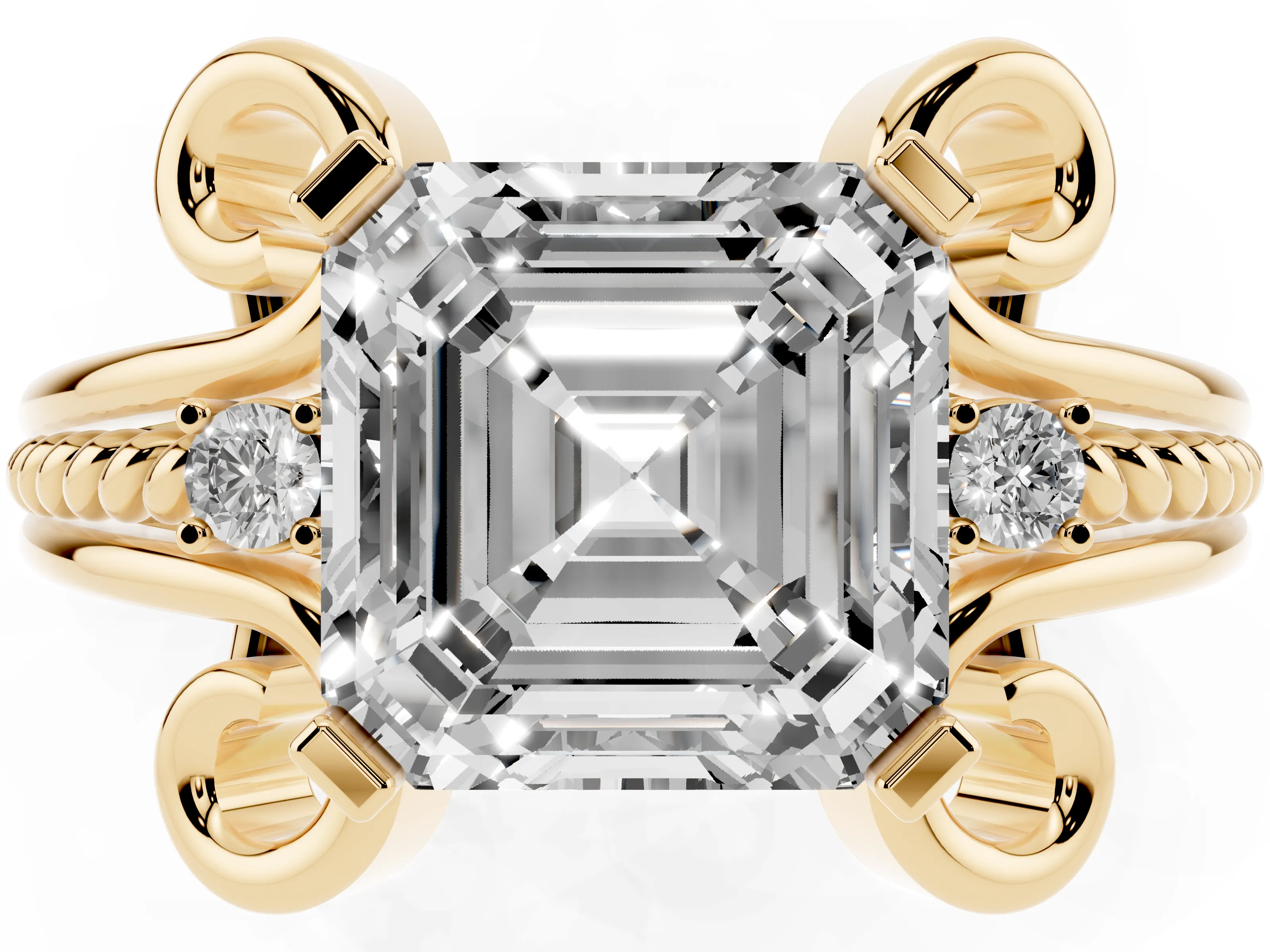 Asscher Cut Diamond Twisted Band Solitaire Ring Set in Yellow gold with Scroll Prongs
