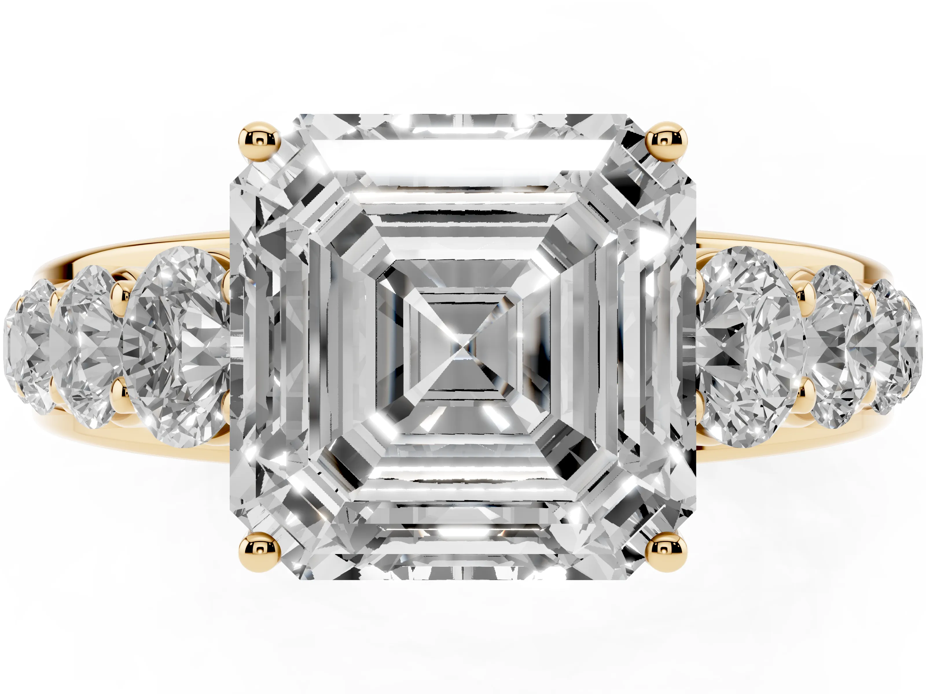 Asscher Cut Diamond Solitaire Ring Set in Yellow gold with Pavé-Set Band and Prong Setting