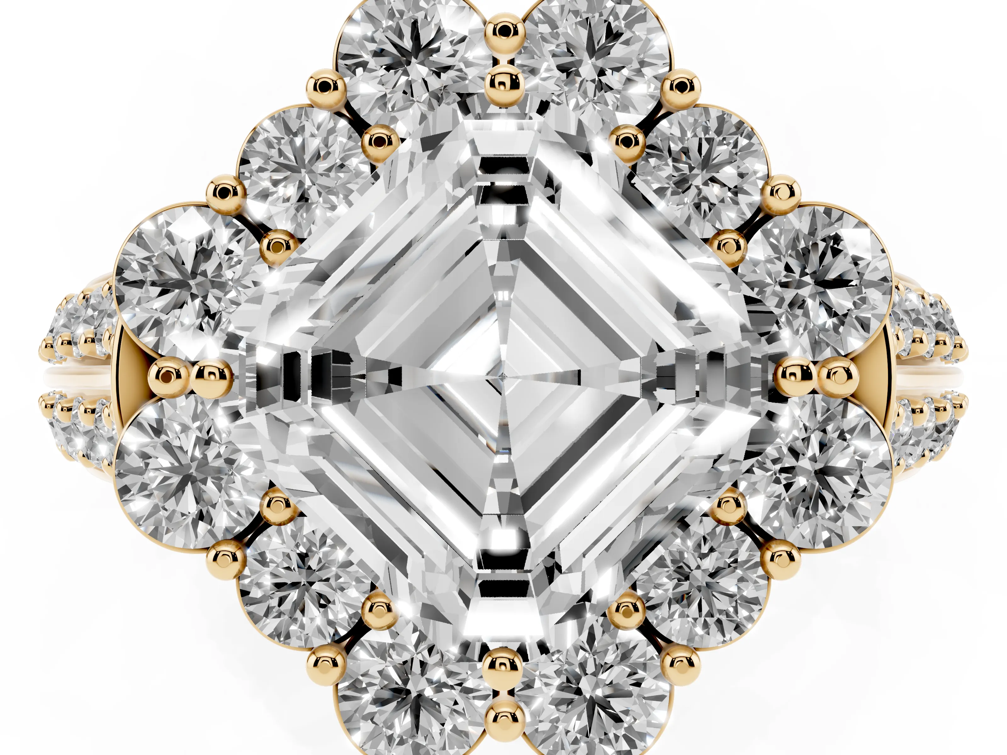 Asscher Cut Diamond Halo Engagement Ring Set in Yellow gold with Split Shank and Prong Setting