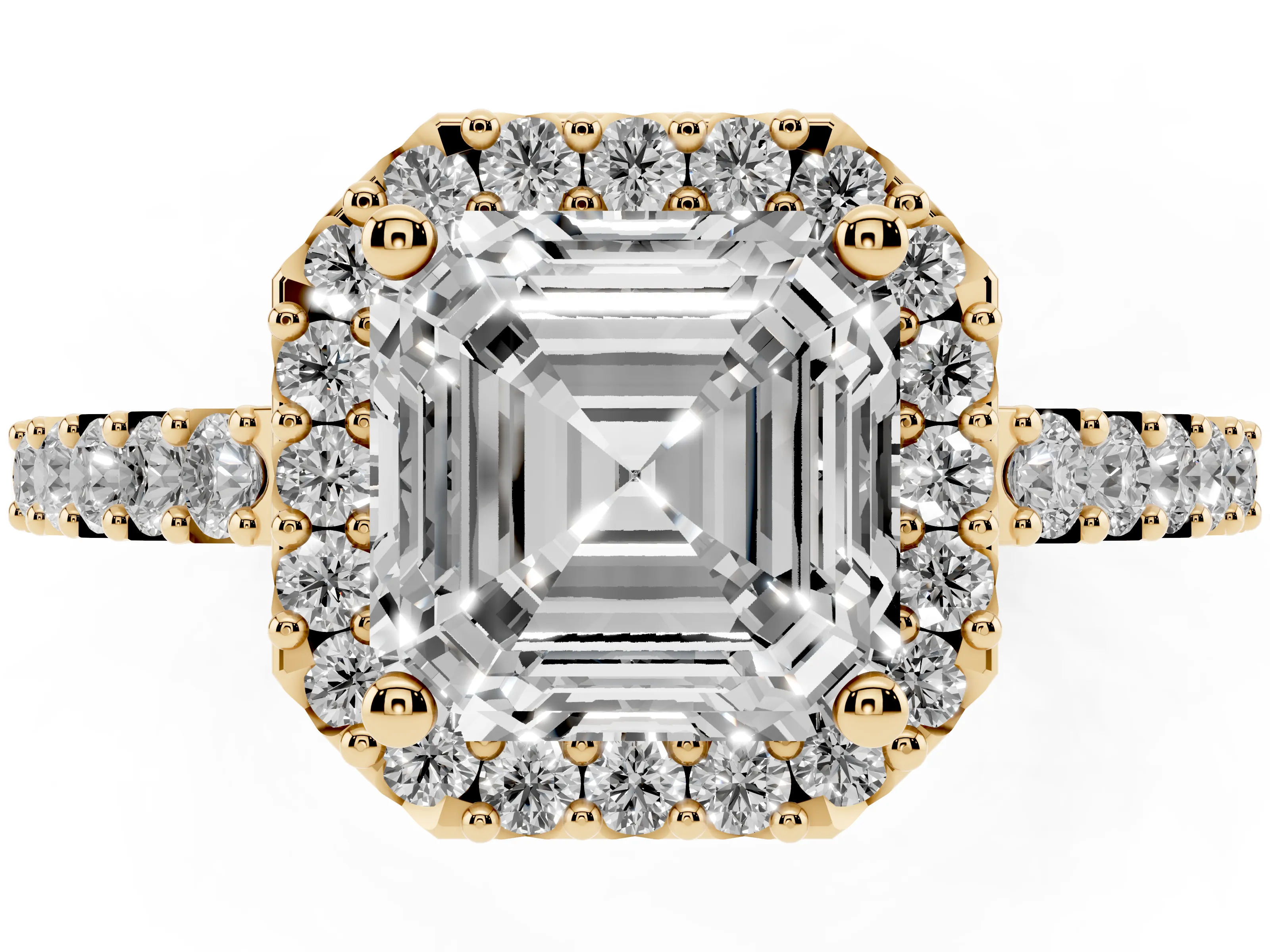 Asscher Cut Diamond Halo Pavé Solitaire Ring Set in Yellow gold with Prong-Set Center Stone