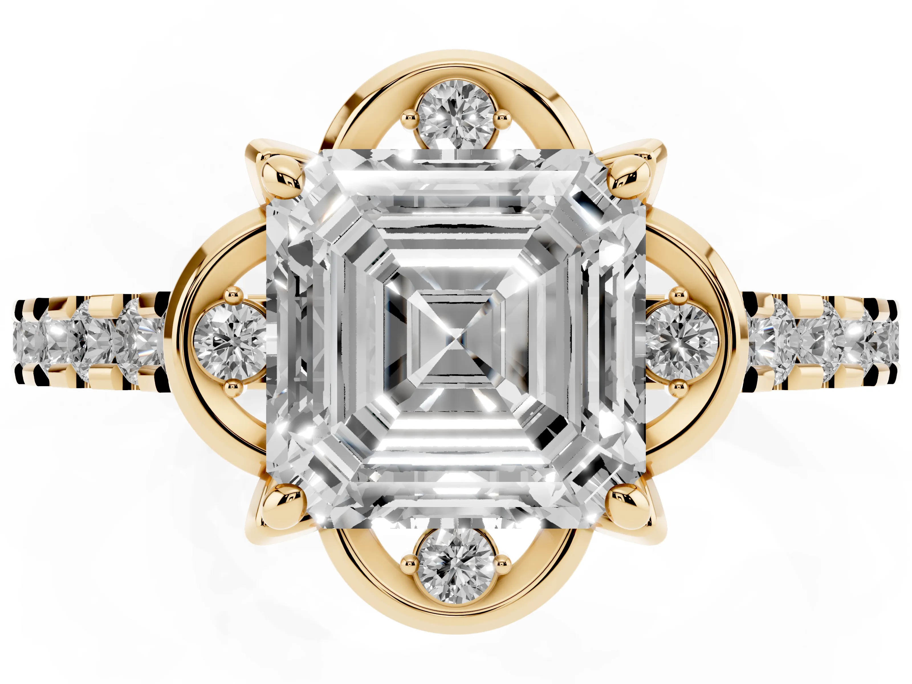 Asscher Cut Diamond Solitaire Ring Set in Yellow gold with Pavé Band and Floral Prong Setting