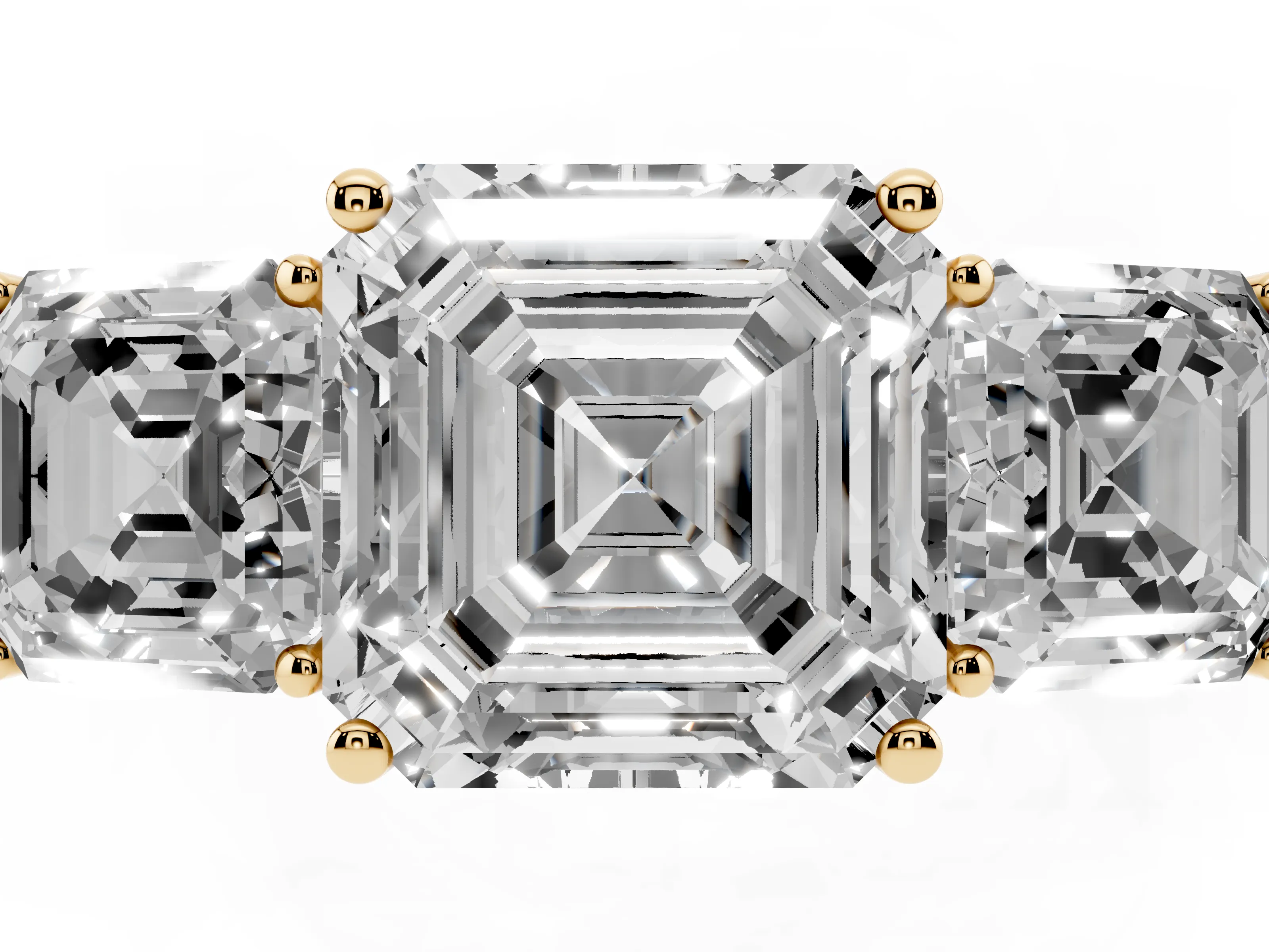 Asscher Cut Diamond Three-Stone Engagement Ring Set in Yellow gold with Flat Band