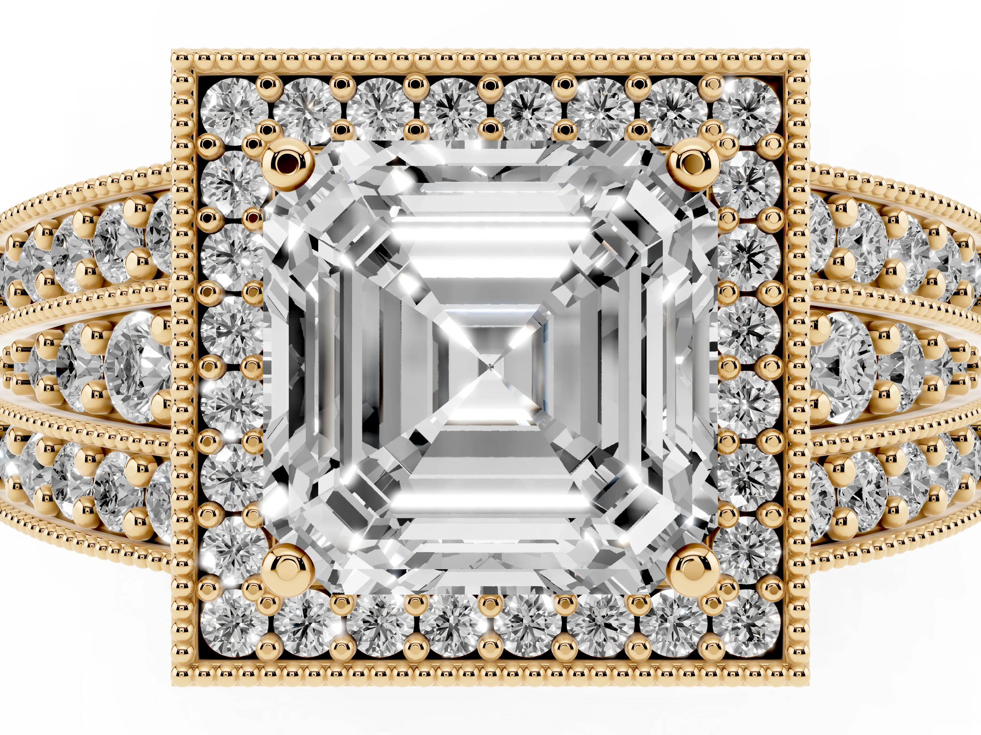 Asscher Cut Diamond Halo Ring Set in Yellow gold with Accent Split Shank and Prong Setting