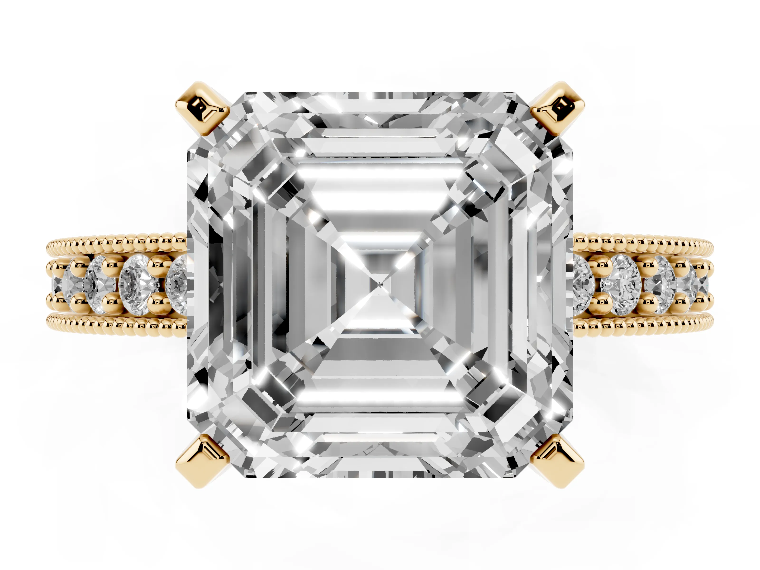 Asscher Cut Diamond Milgrain Pavé Engagement Ring Set in Yellow gold with Prong Setting