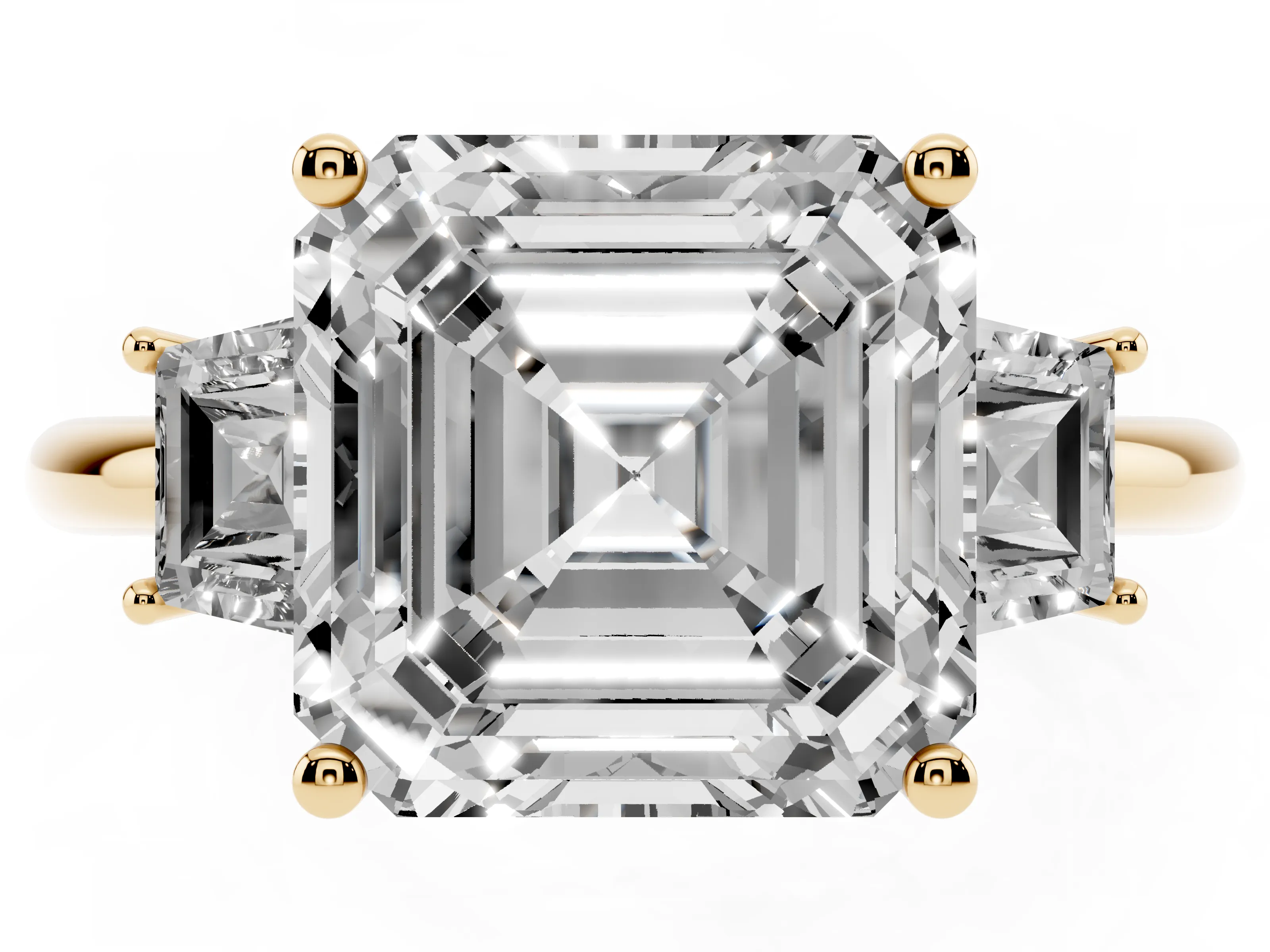 Asscher Cut Diamond Three-Stone Ring Set in Yellow gold with Trapezoid Side Stones and Prong Setting
