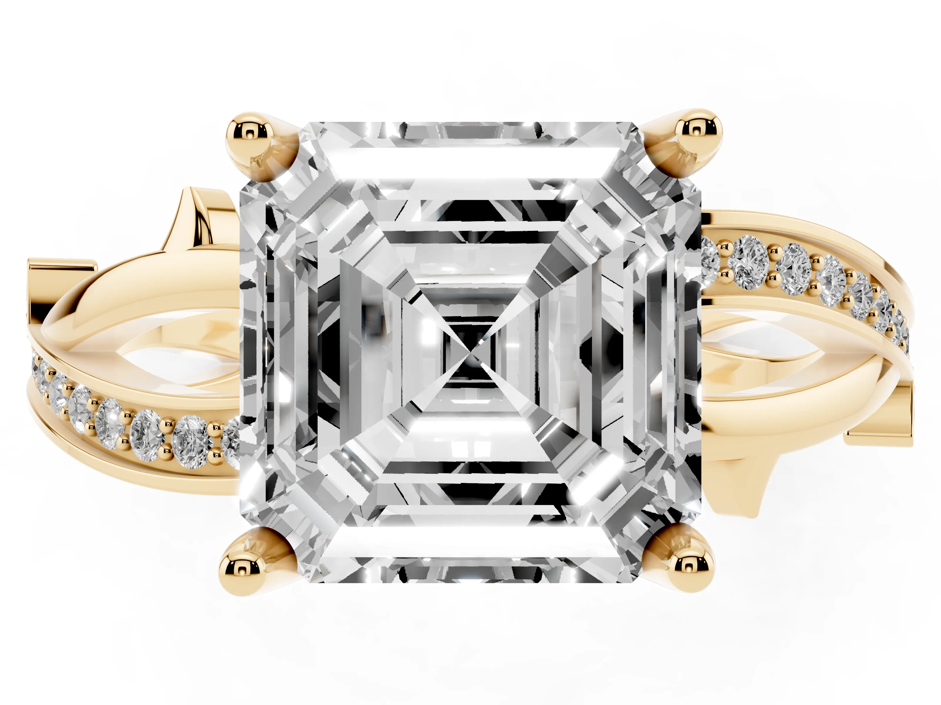 Asscher Cut Diamond Pavé Twist Band Solitaire Ring Set in Yellow gold with Prong Setting