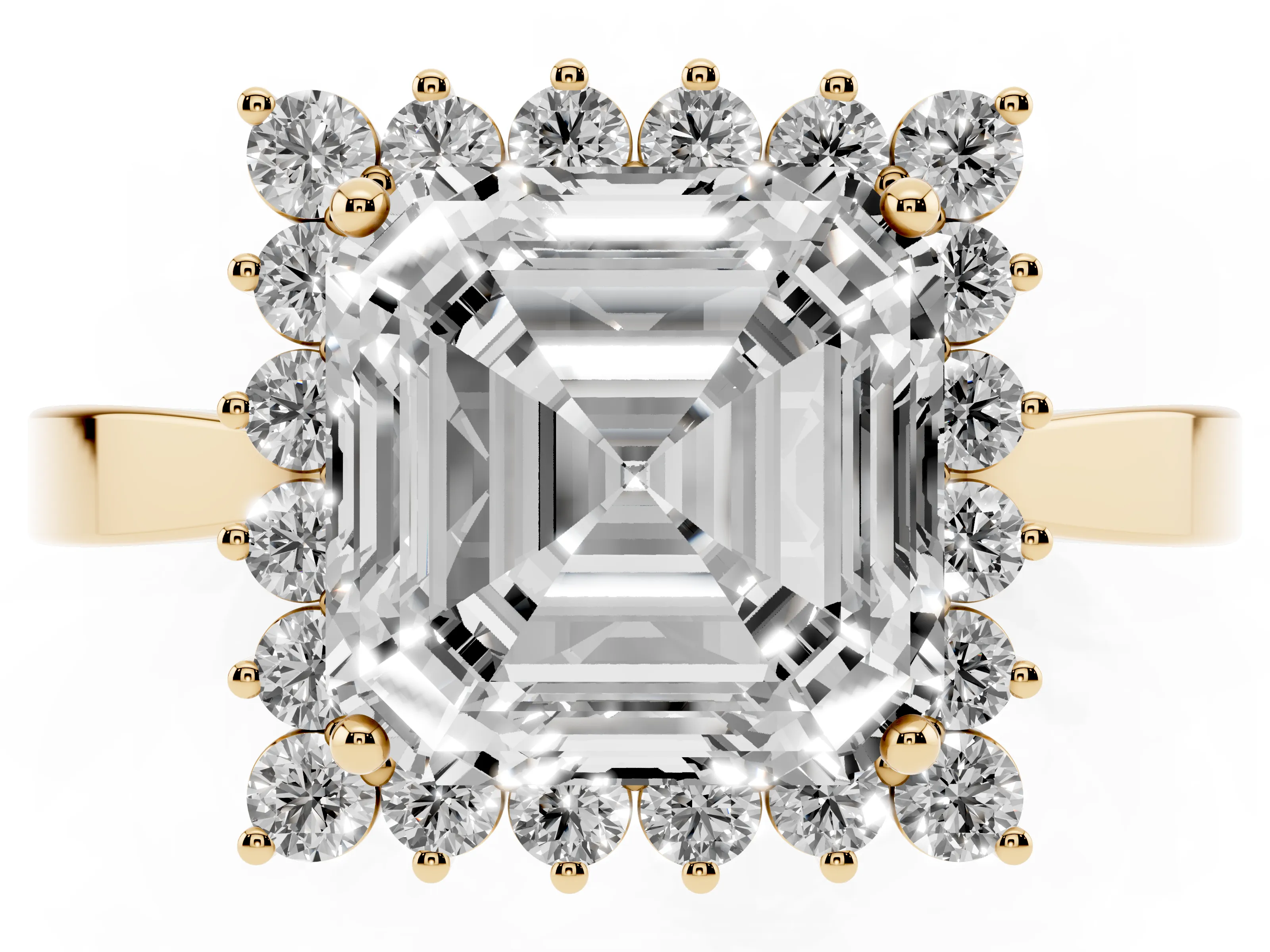 Asscher Cut Diamond Halo Ring Set in Yellow gold with Round Halo and Smooth Solitaire Band
