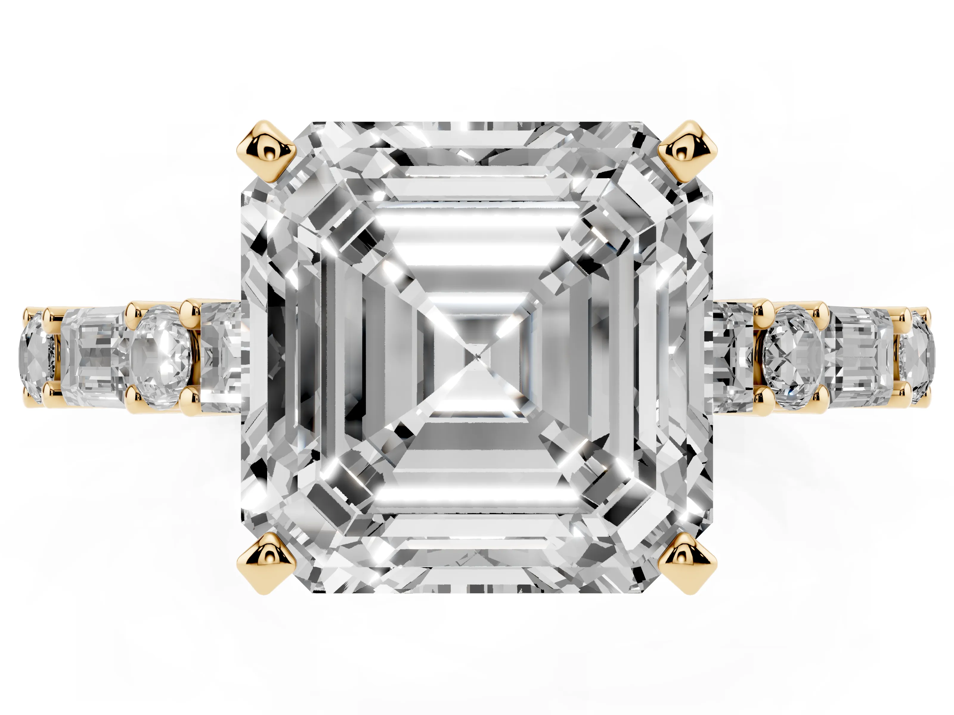 Asscher Cut Diamond Solitaire Set in Yellow gold with Side Baguettes and Channel Set Band