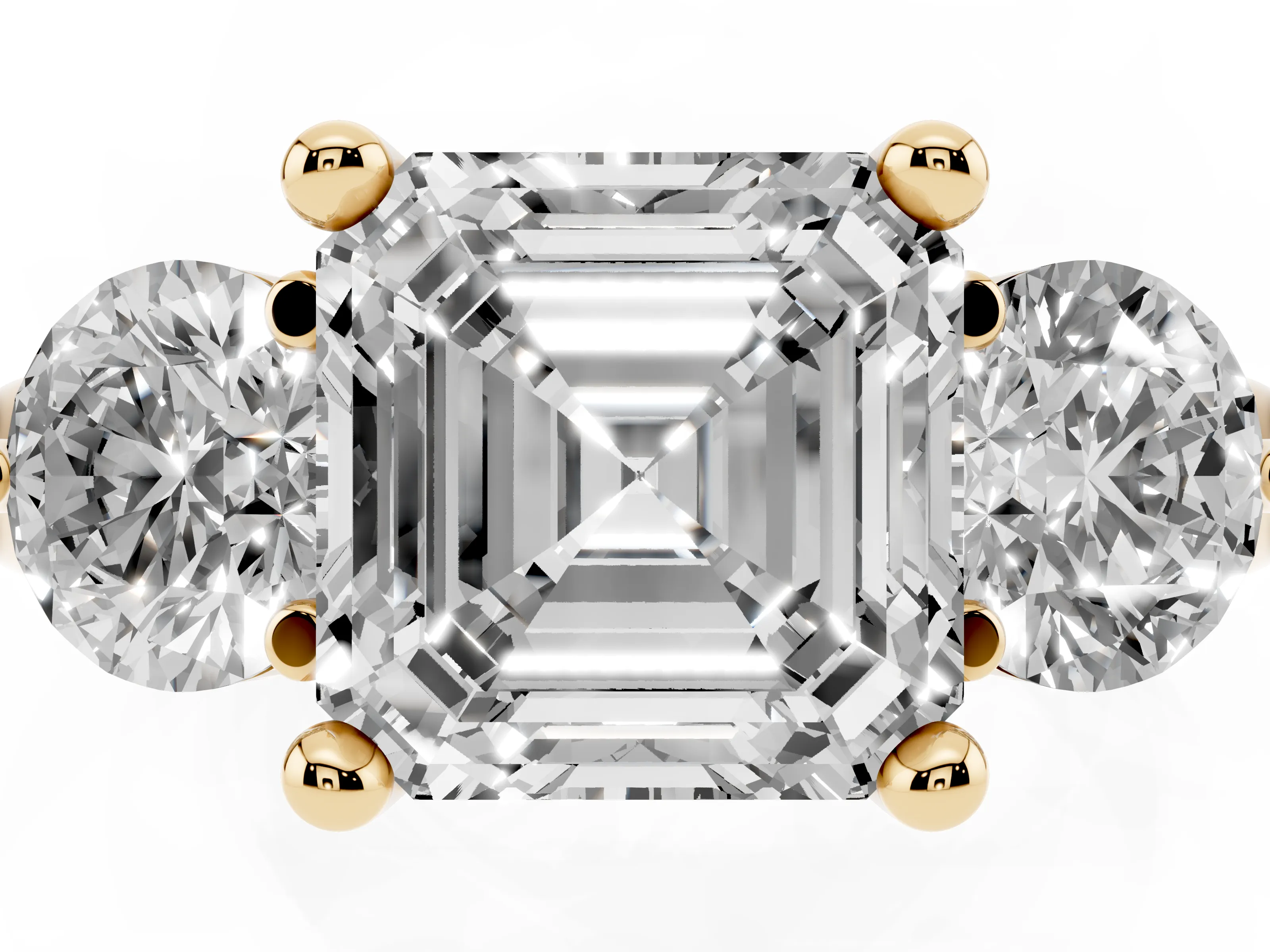 Asscher Cut Diamond Three-Stone Ring Set in Yellow gold with Prong Setting and Classic Band