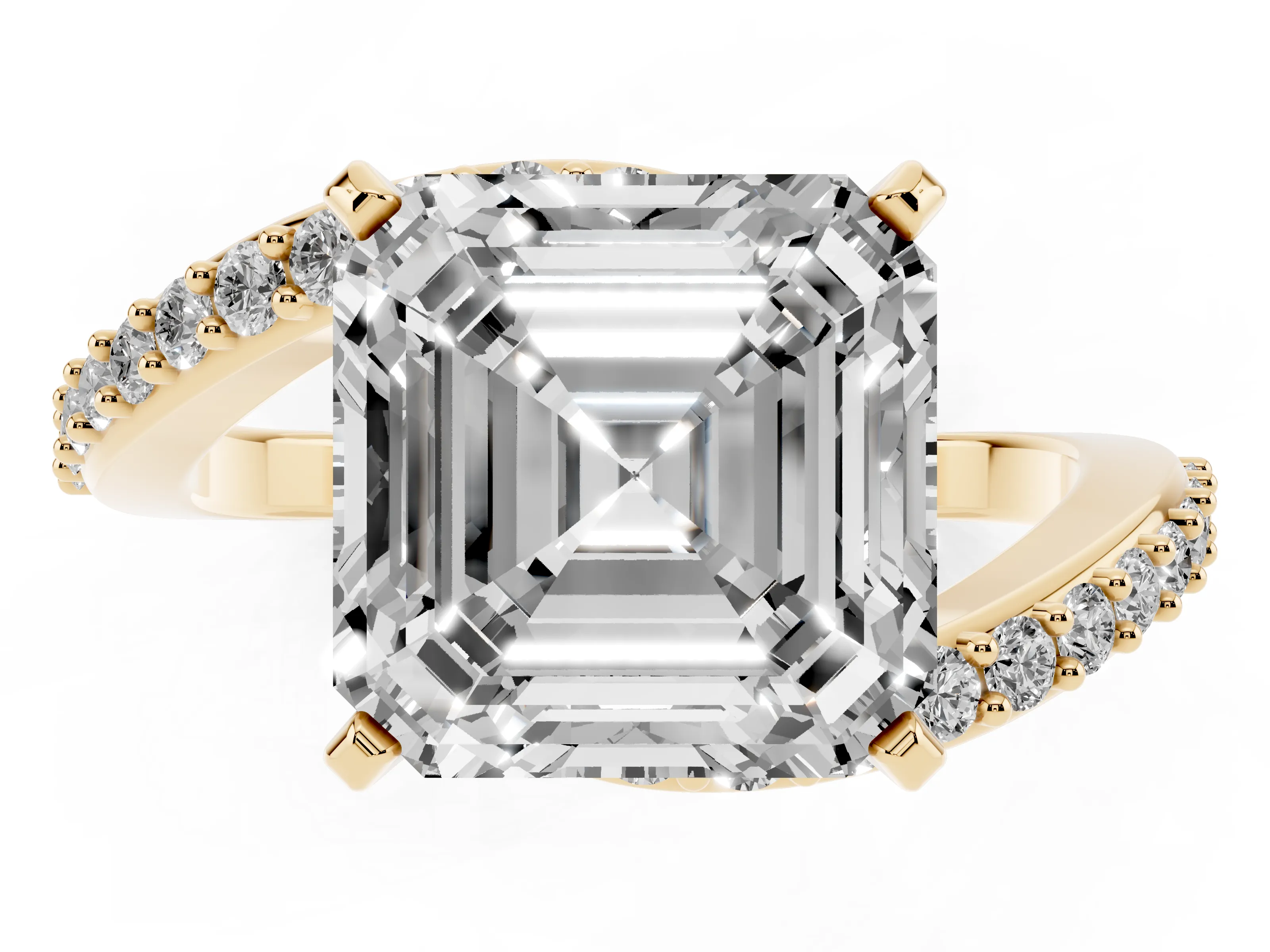 Asscher Cut Diamond Solitaire Ring Set in Yellow gold with Pavé Twist Band and Prong Setting