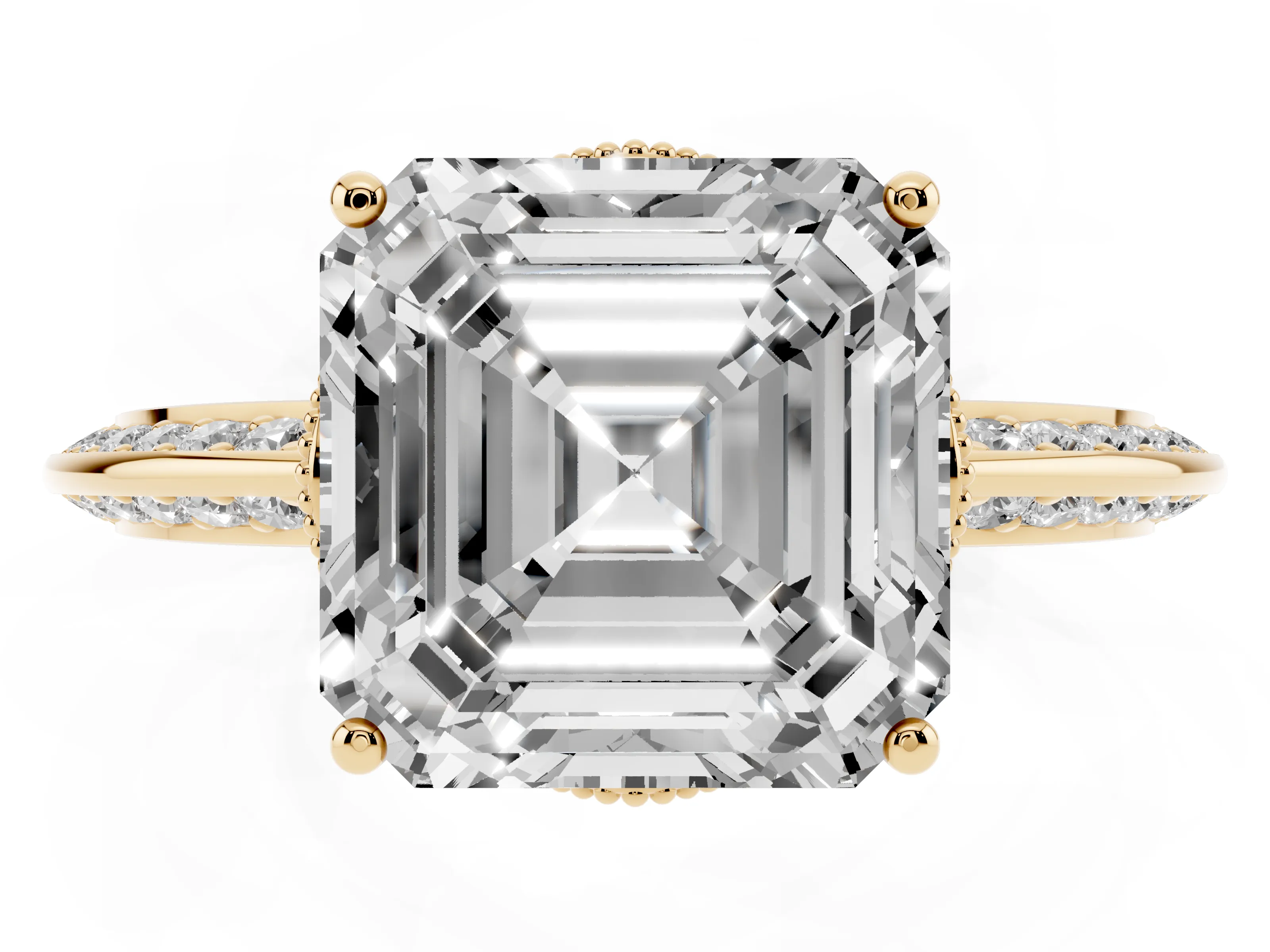 Asscher Cut Diamond Solitaire Engagement Ring Set in Yellow gold with Pavé Split Shank and Prong Setting