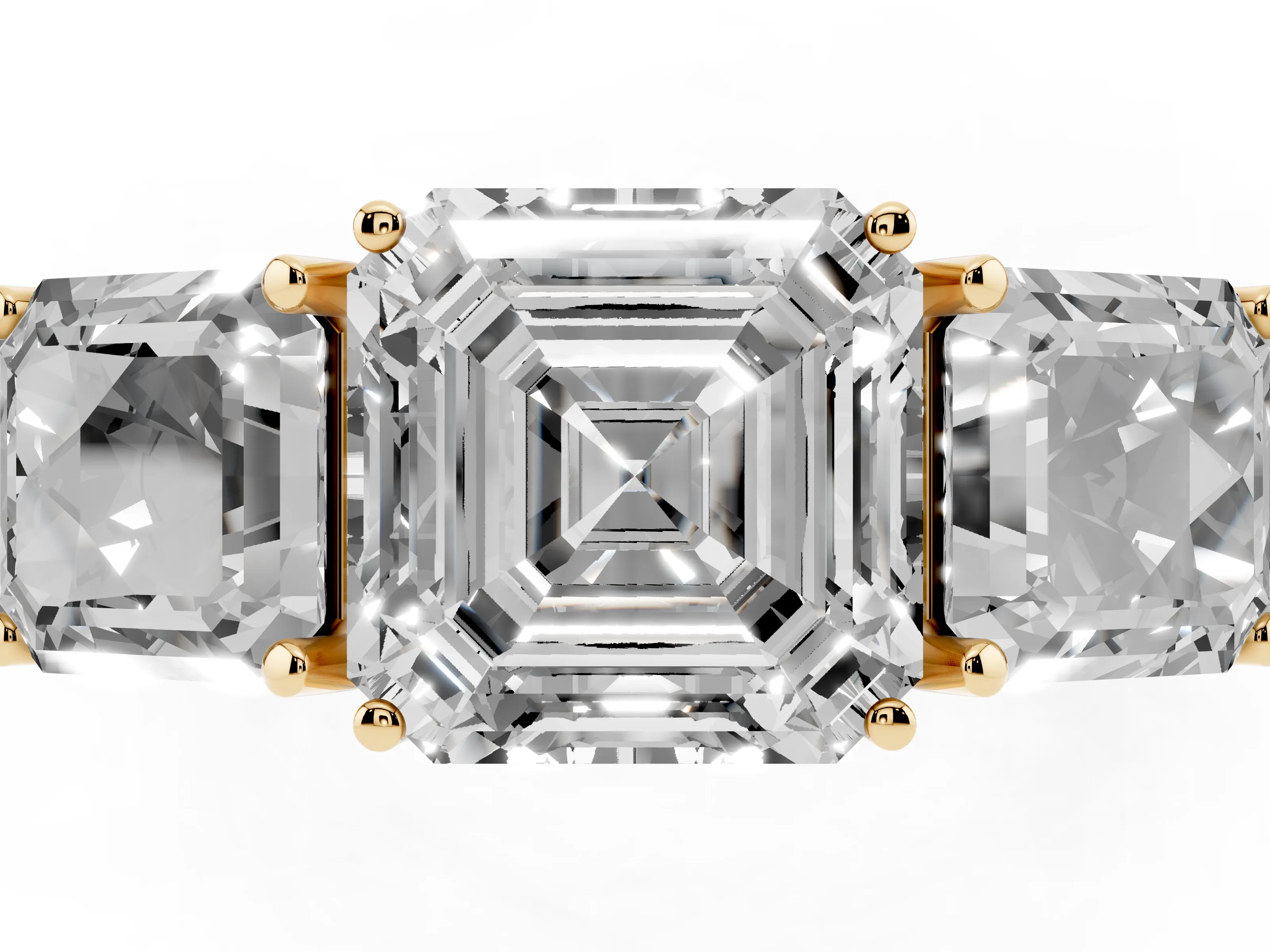 Asscher Cut Diamond Three-Stone Engagement Ring Set in Yellow gold with Milgrain Pavé Band