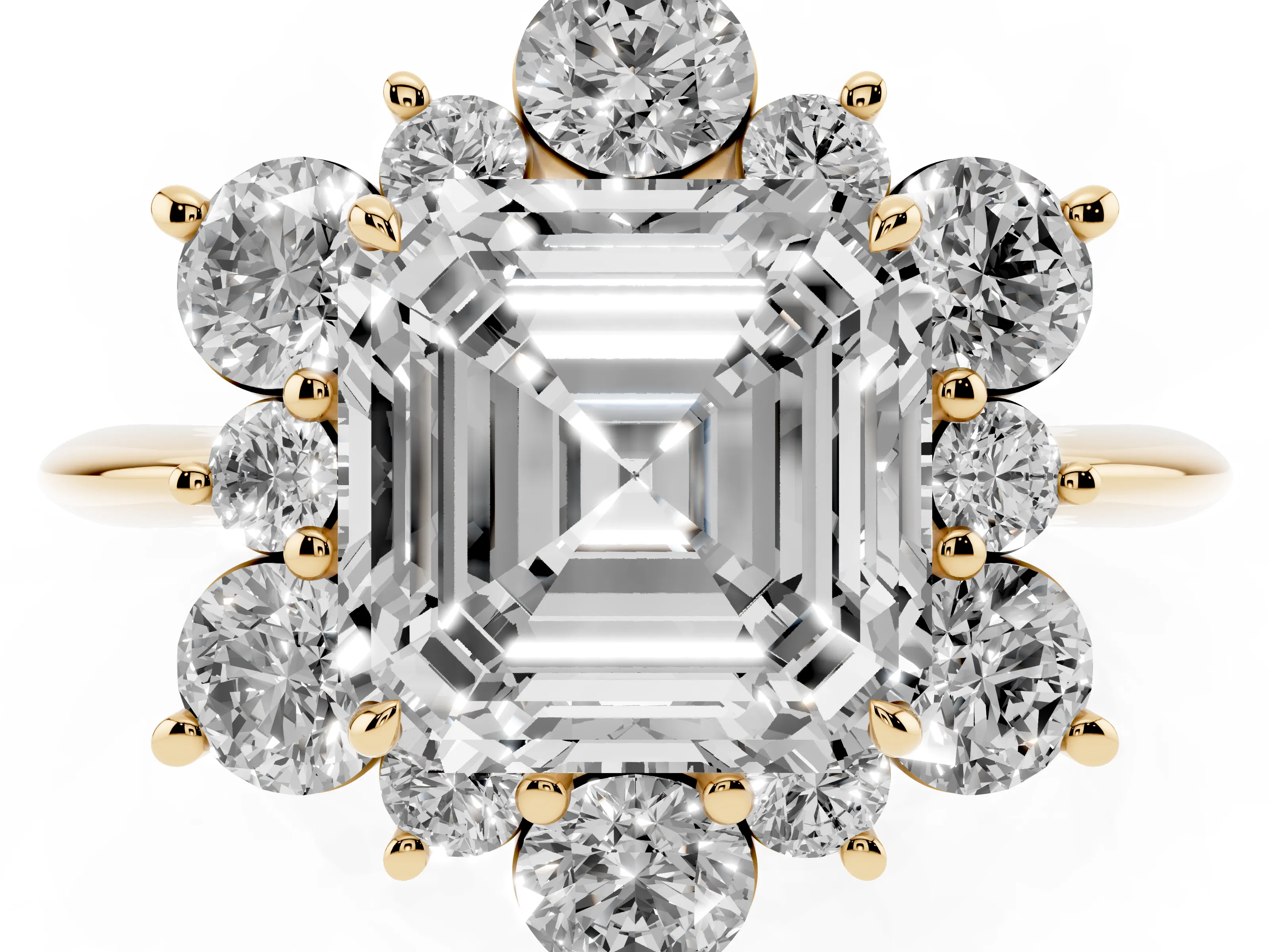 Asscher Cut Diamond Cluster Halo Ring Set in Yellow gold with Solitaire Band and Prong Setting