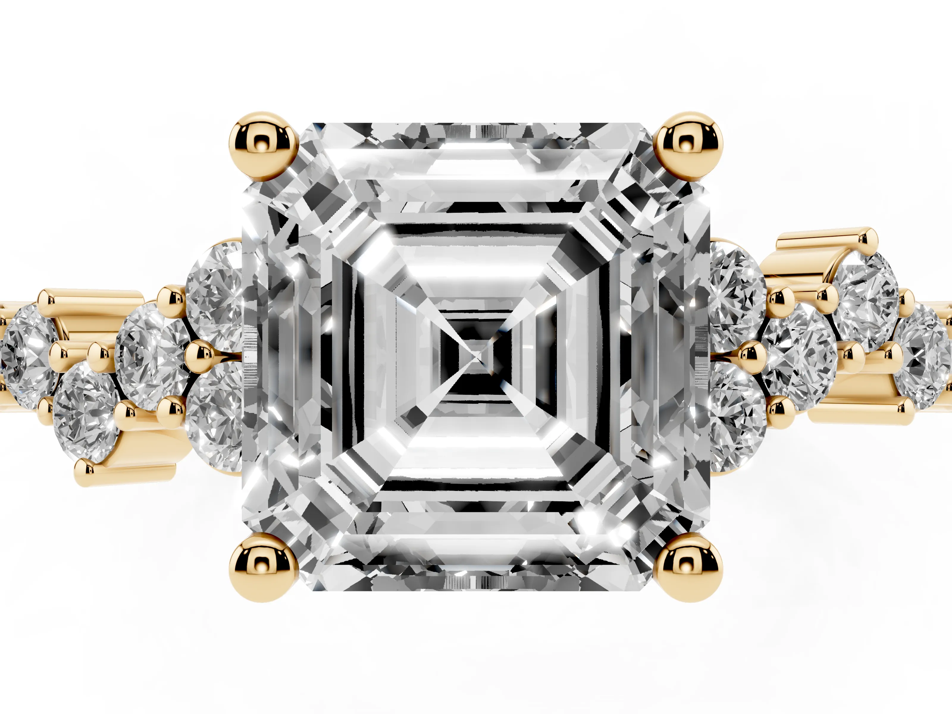 Asscher Cut Diamond Ring Set in Yellow gold with Scattered Round Accents