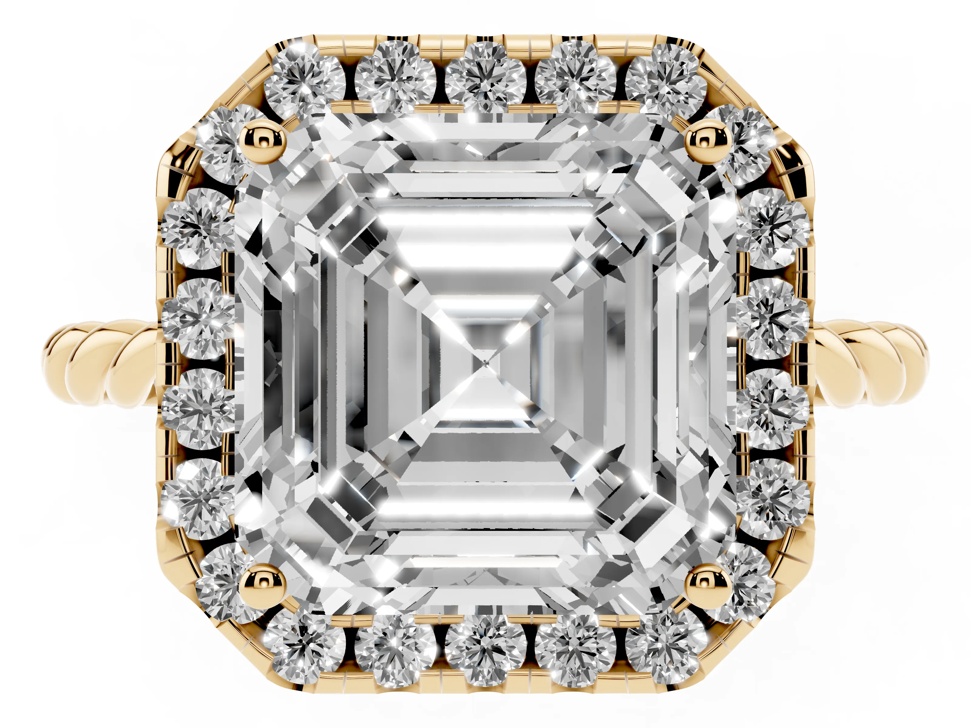 Asscher Cut Diamond Halo Ring Set in Yellow gold with Plain Twisted Band