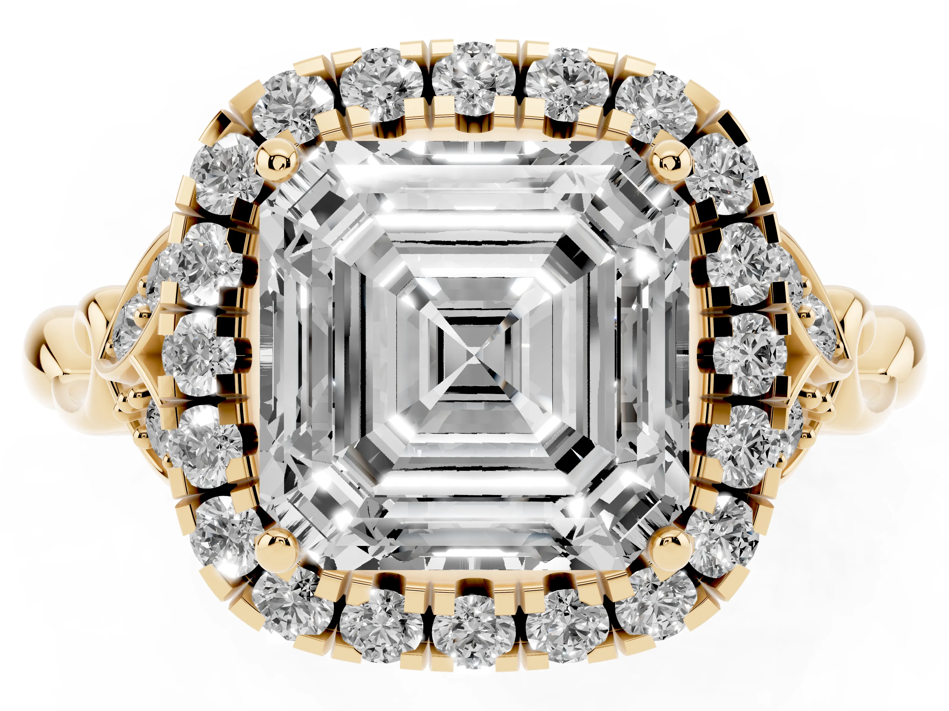 Asscher Cut Diamond Halo Engagement Ring Set in Yellow gold with Vintage-Inspired Band and Prong Setting