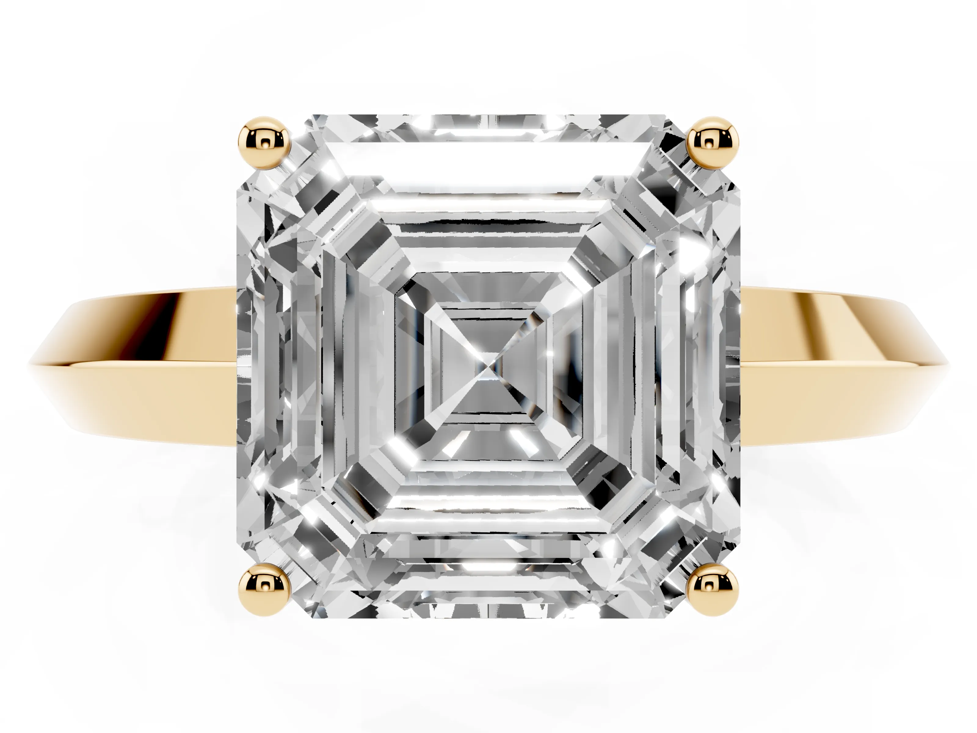 Asscher Cut Diamond Solitaire Engagement Ring Set in Yellow gold with Flat Band and Prong Setting