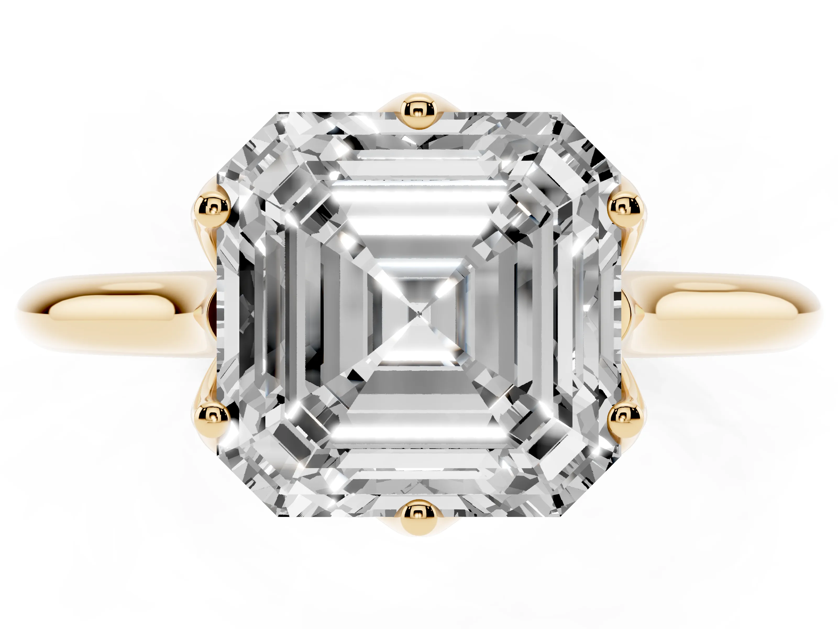 Asscher Cut Diamond Solitaire Cathedral Ring Set in Yellow gold with Prong Setting
