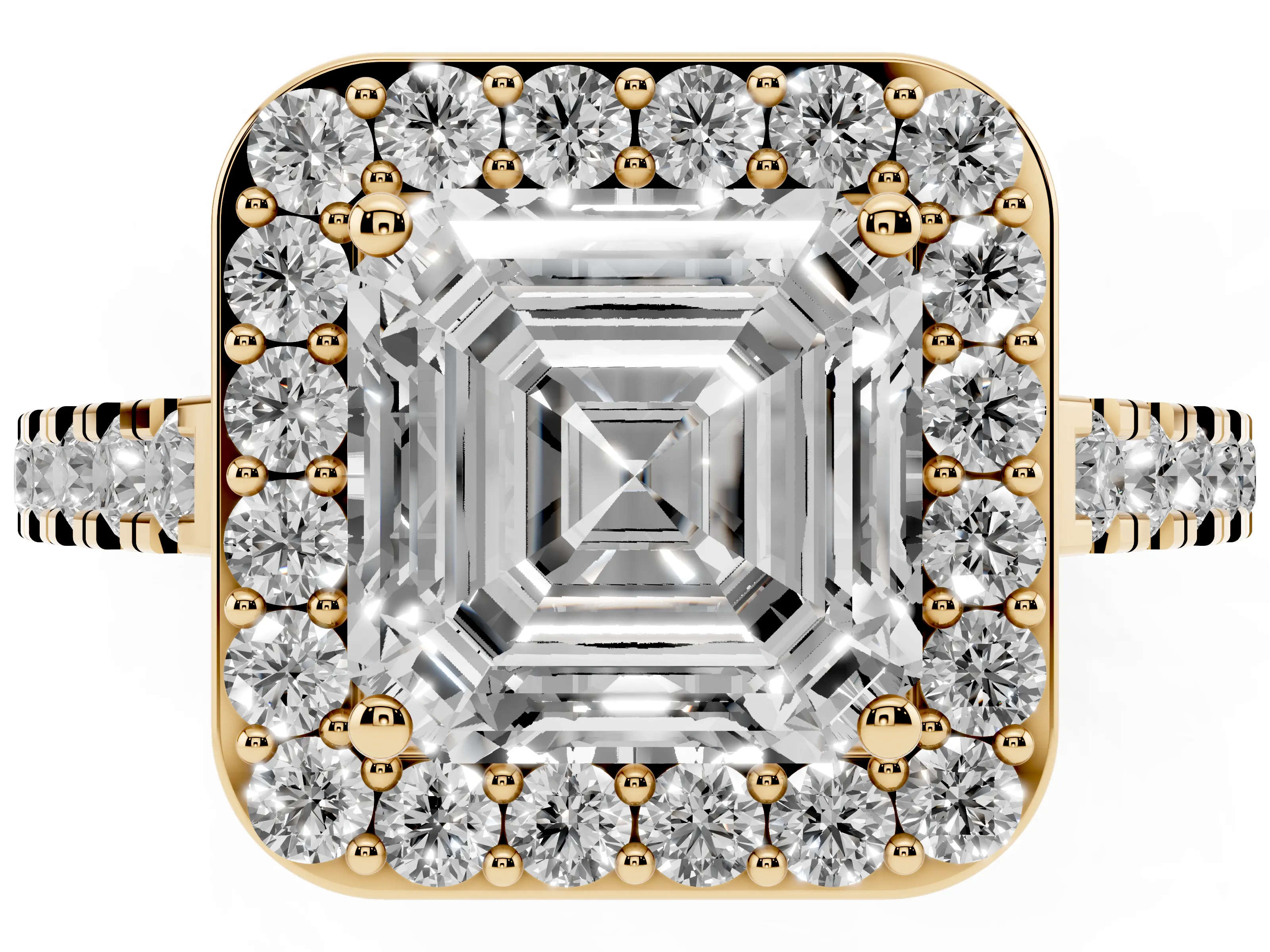 Asscher Cut Diamond Halo Ring Set in Yellow gold with Round Pavé Split Shank and Prong Setting