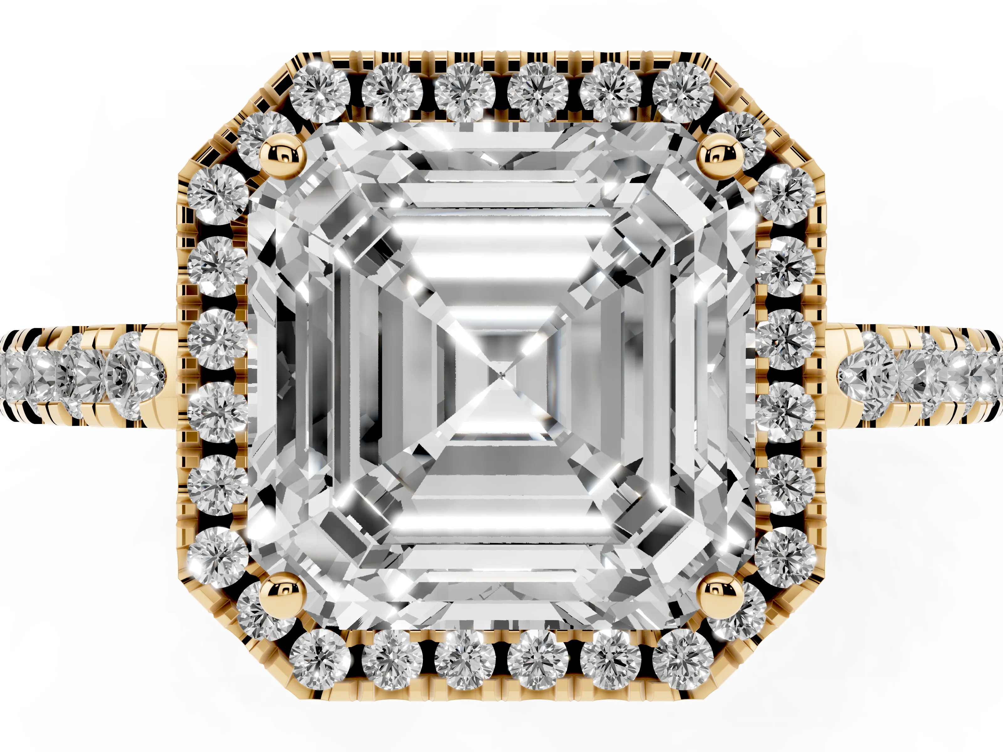 Asscher Cut Diamond Pavé Band Halo Engagement Ring Set in Yellow gold with Prong Setting