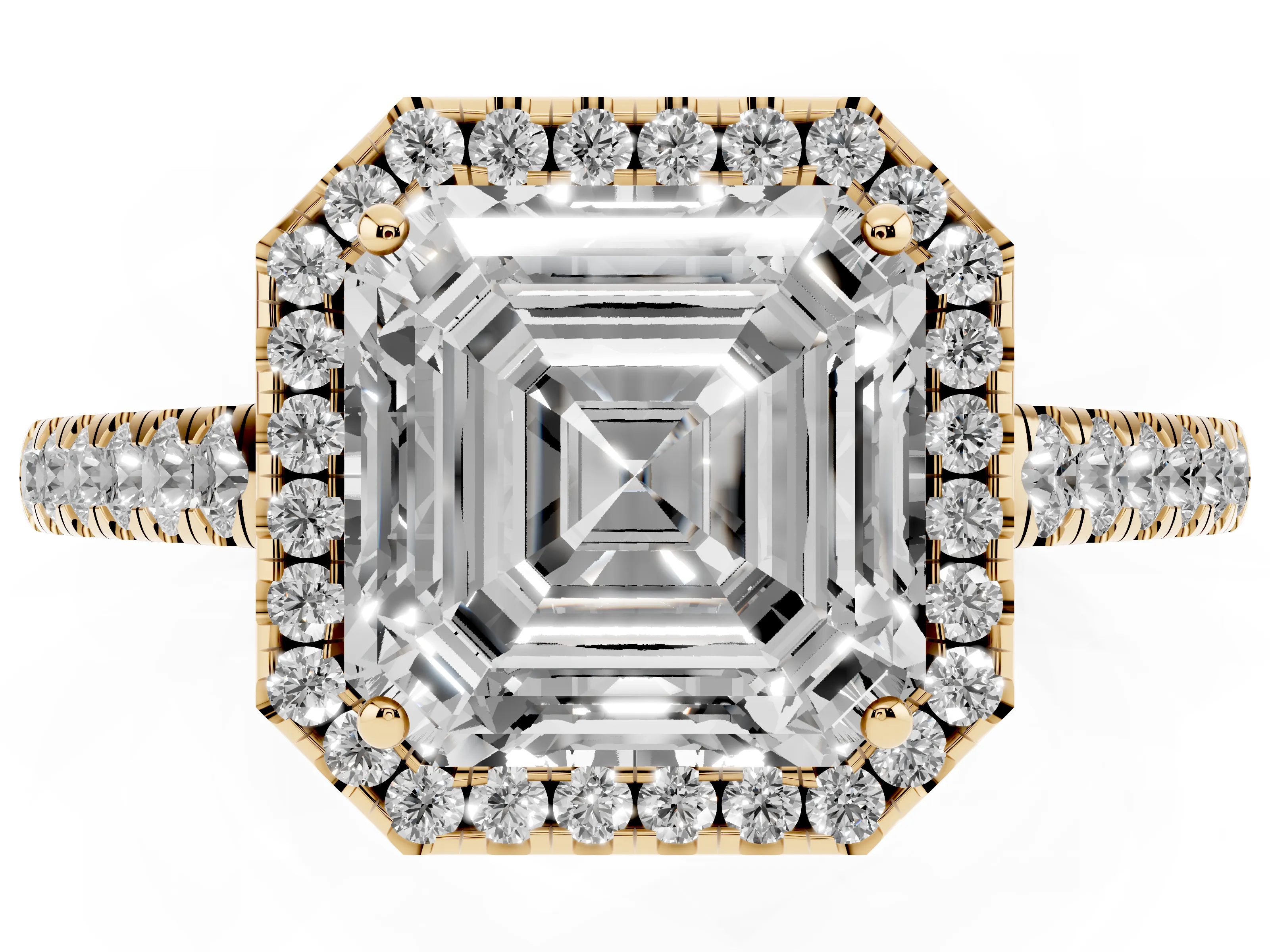 Asscher Cut Diamond Halo Pavé Engagement Ring Set in Yellow gold with Prong Setting