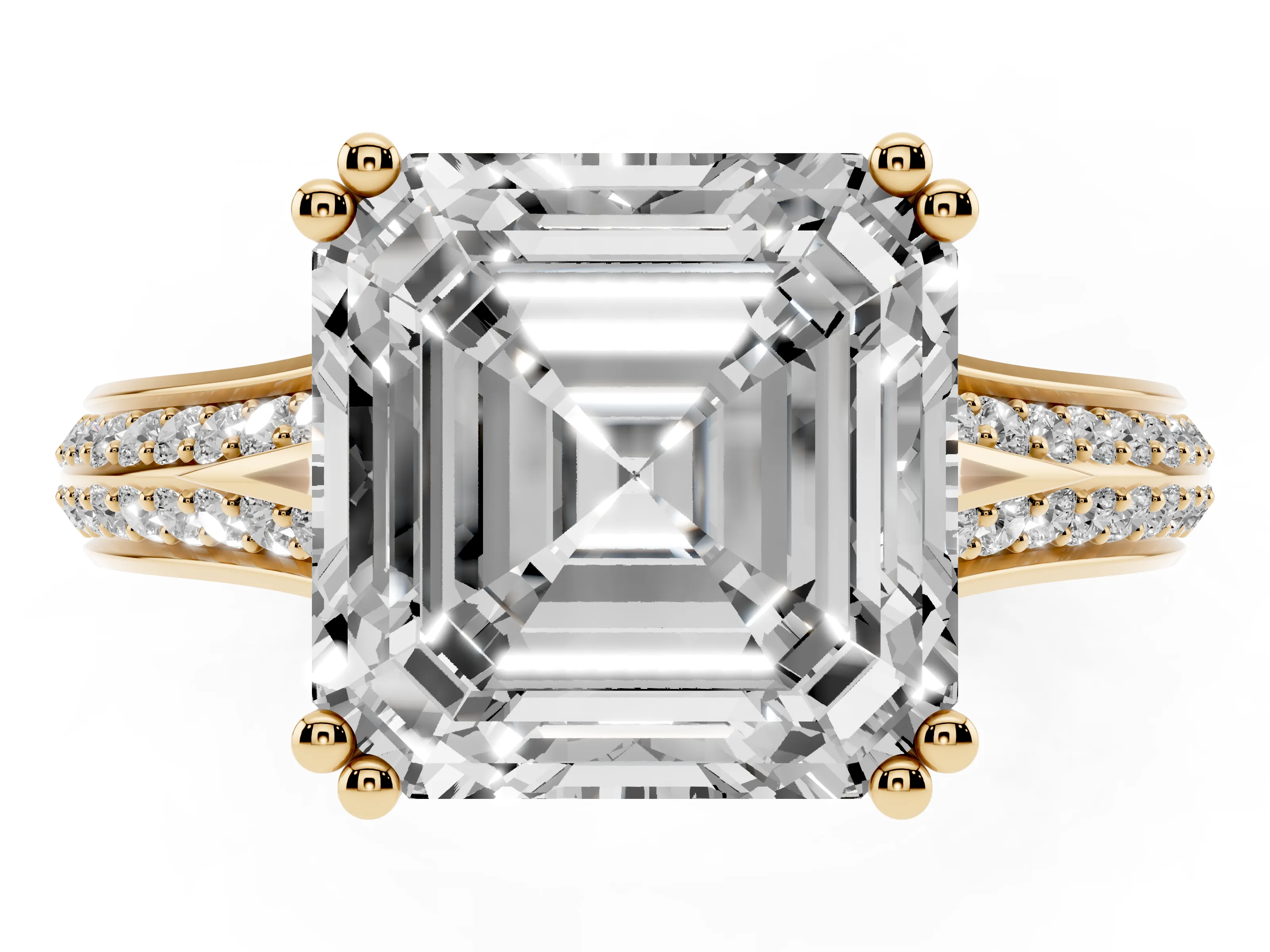 Asscher Cut Diamond Split Shank Pavé Engagement Ring Set in Yellow gold with Prong-Set Center Stone