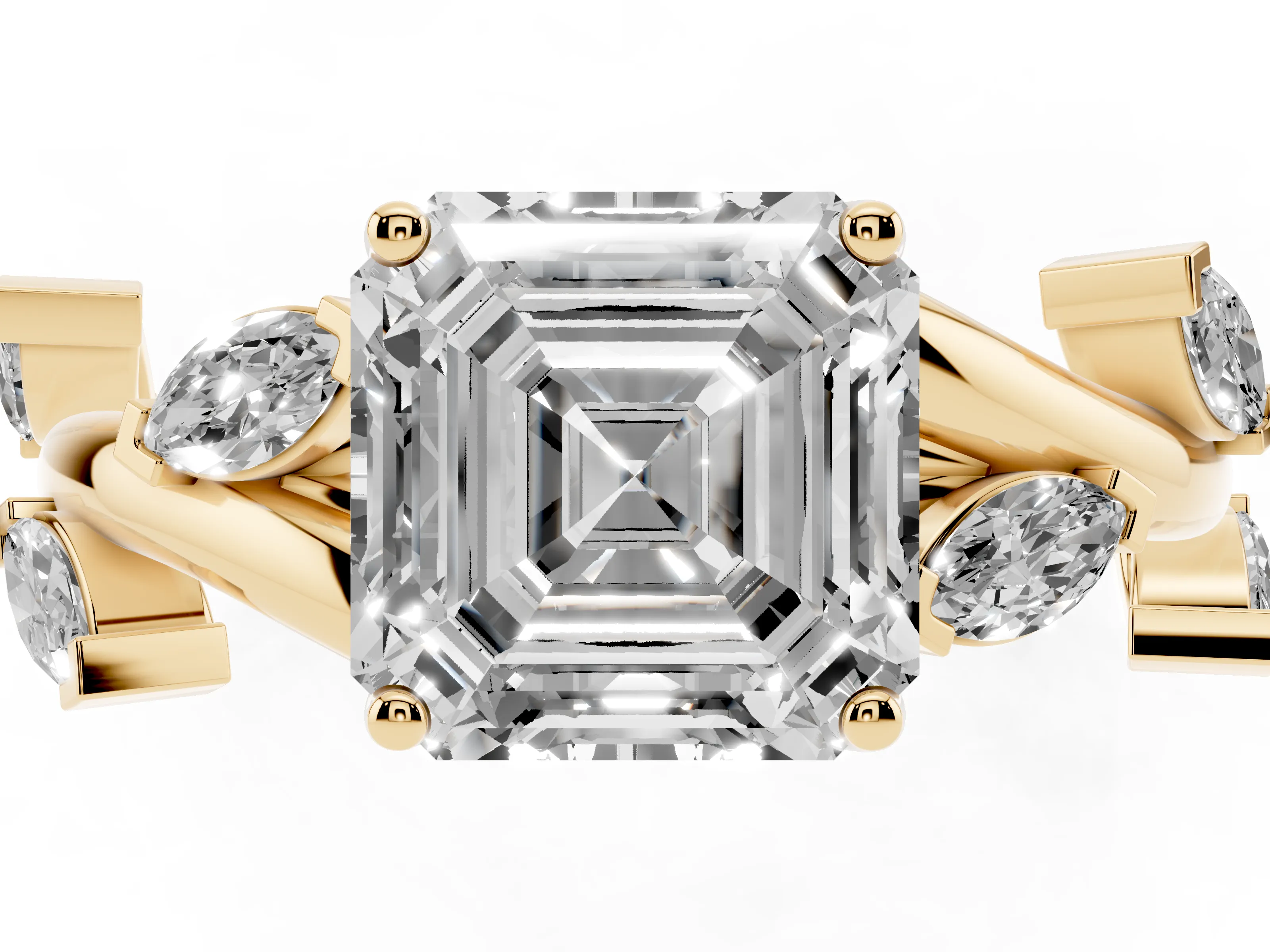 Asscher Cut Diamond Solitaire Ring Set in Yellow gold with Twisted Marquise Accent Band