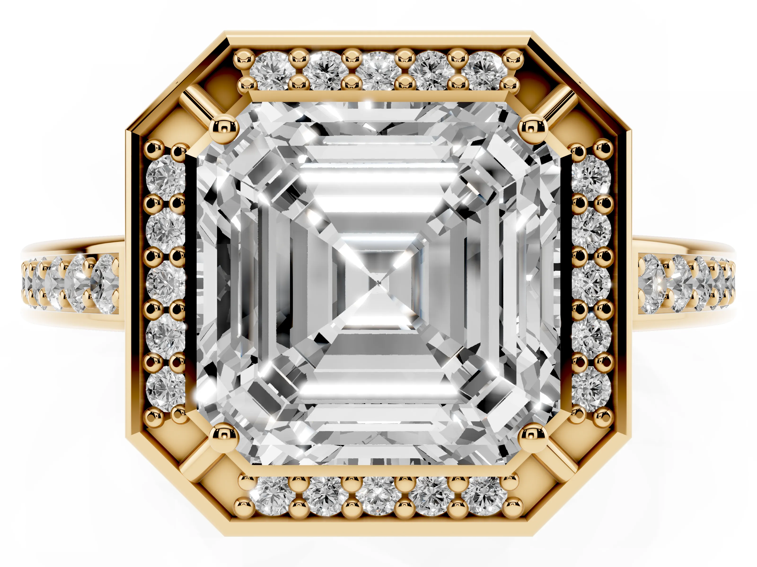Asscher Cut Diamond Halo Pavé Split Shank Ring Set in Yellow gold with Prong Setting