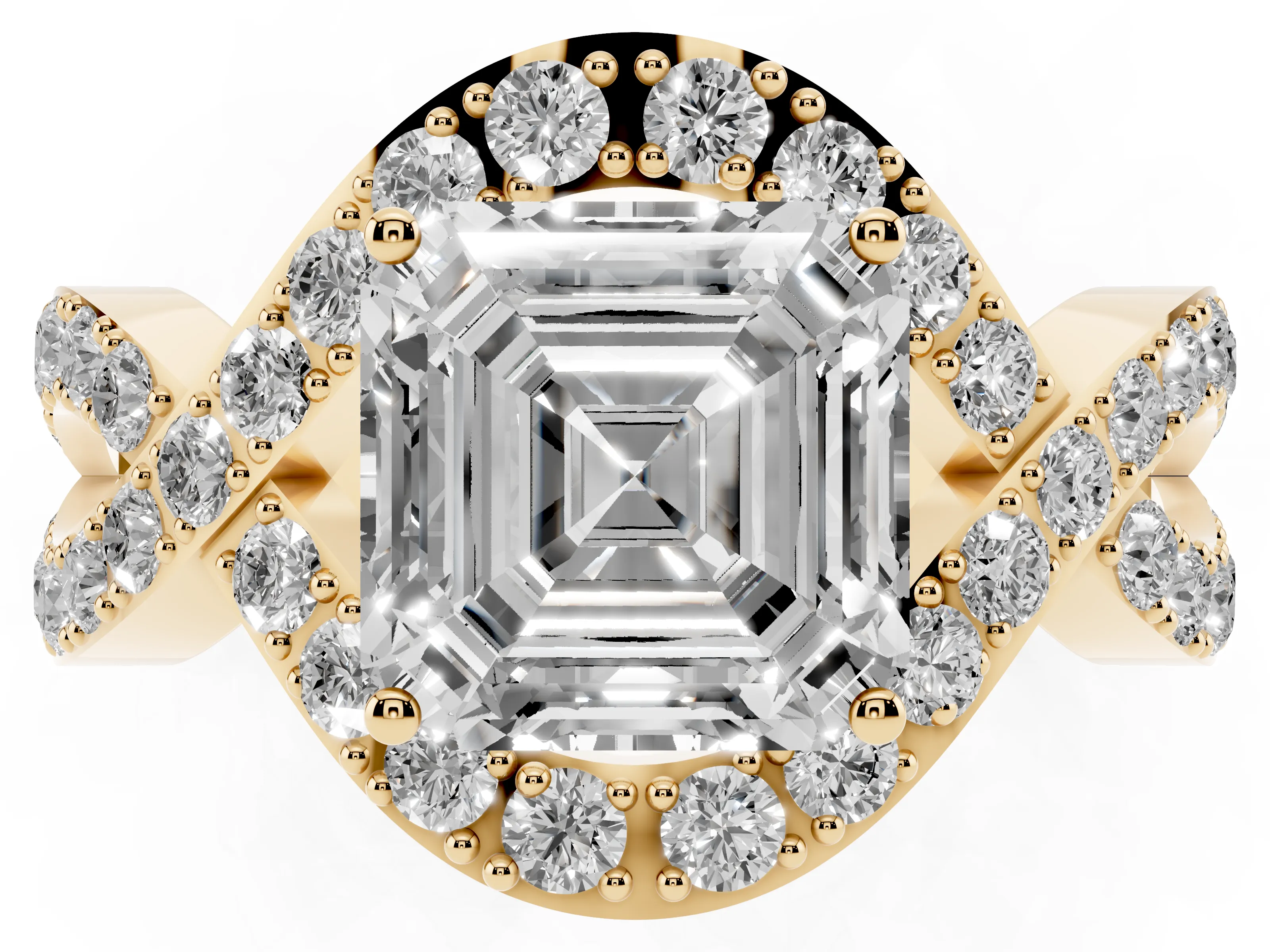Asscher Cut Diamond Solitaire Twist Band Pavé Engagement Ring Set in Yellow gold