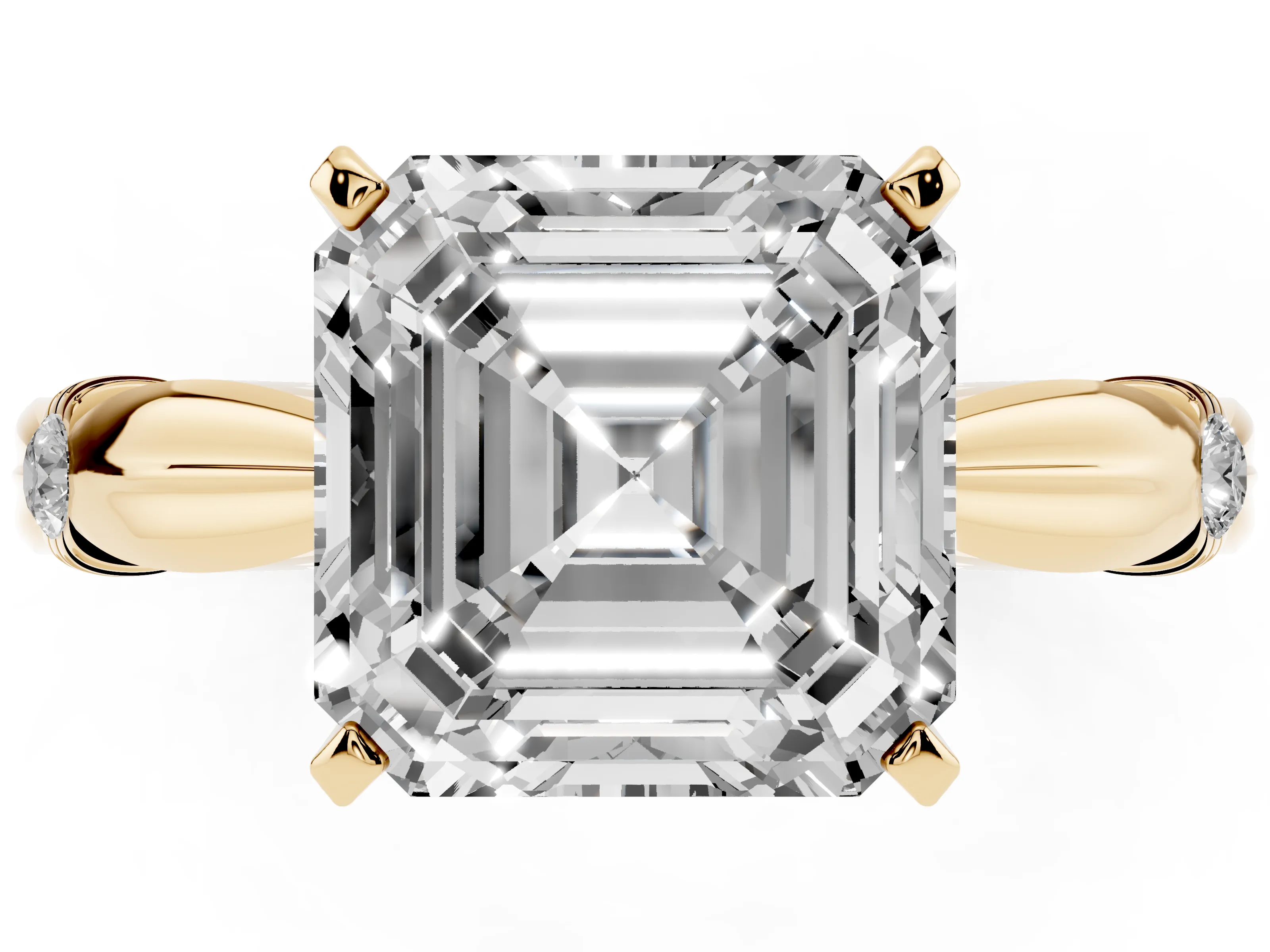 Asscher Cut Diamond Solitaire Twisted Band Ring Set in Yellow gold with Accent Stones and Prong Setting