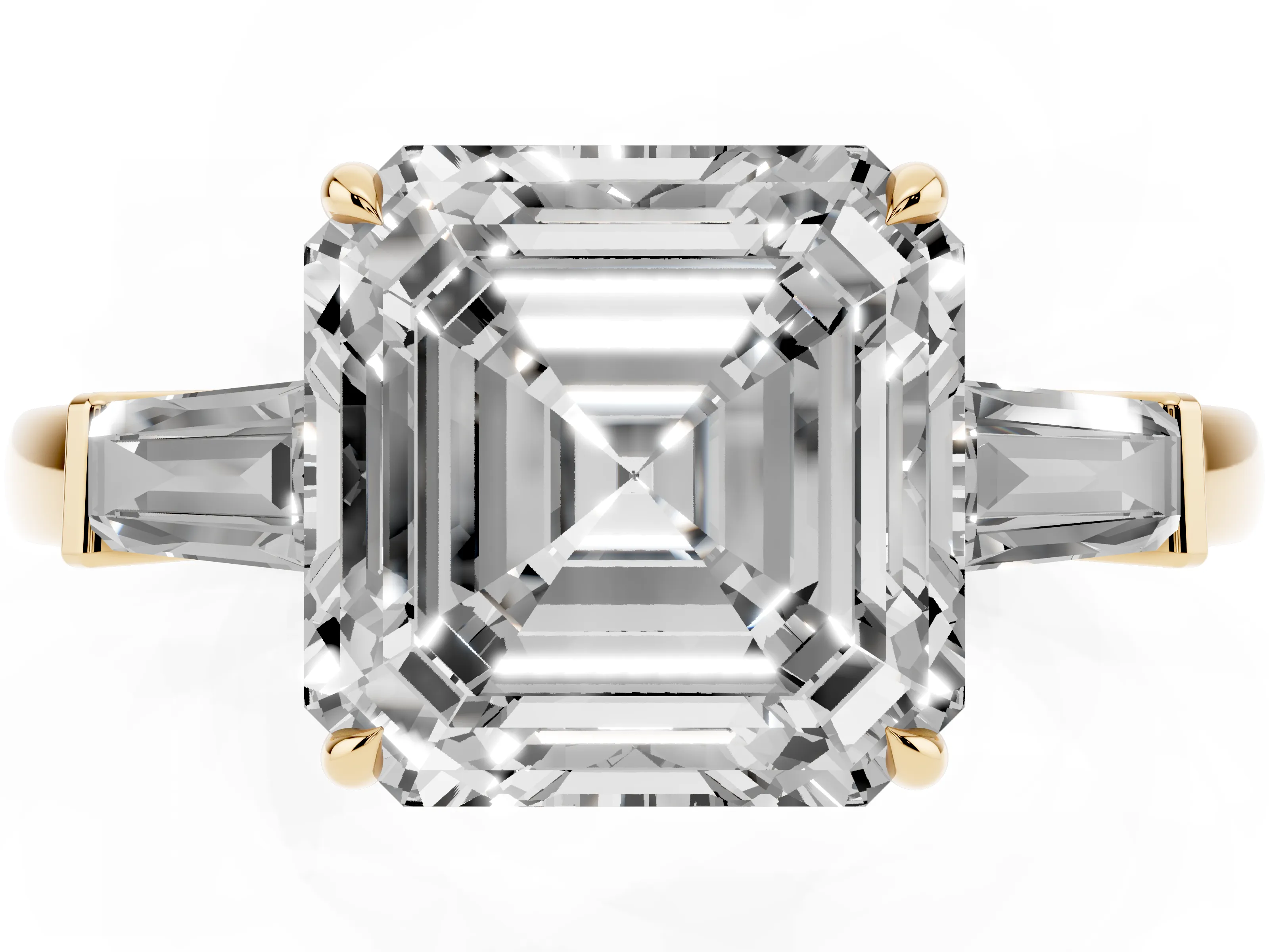 Asscher Cut Diamond Three-Stone Ring Set in Yellow gold with Tapered Baguette Side Stones and Prong Setting