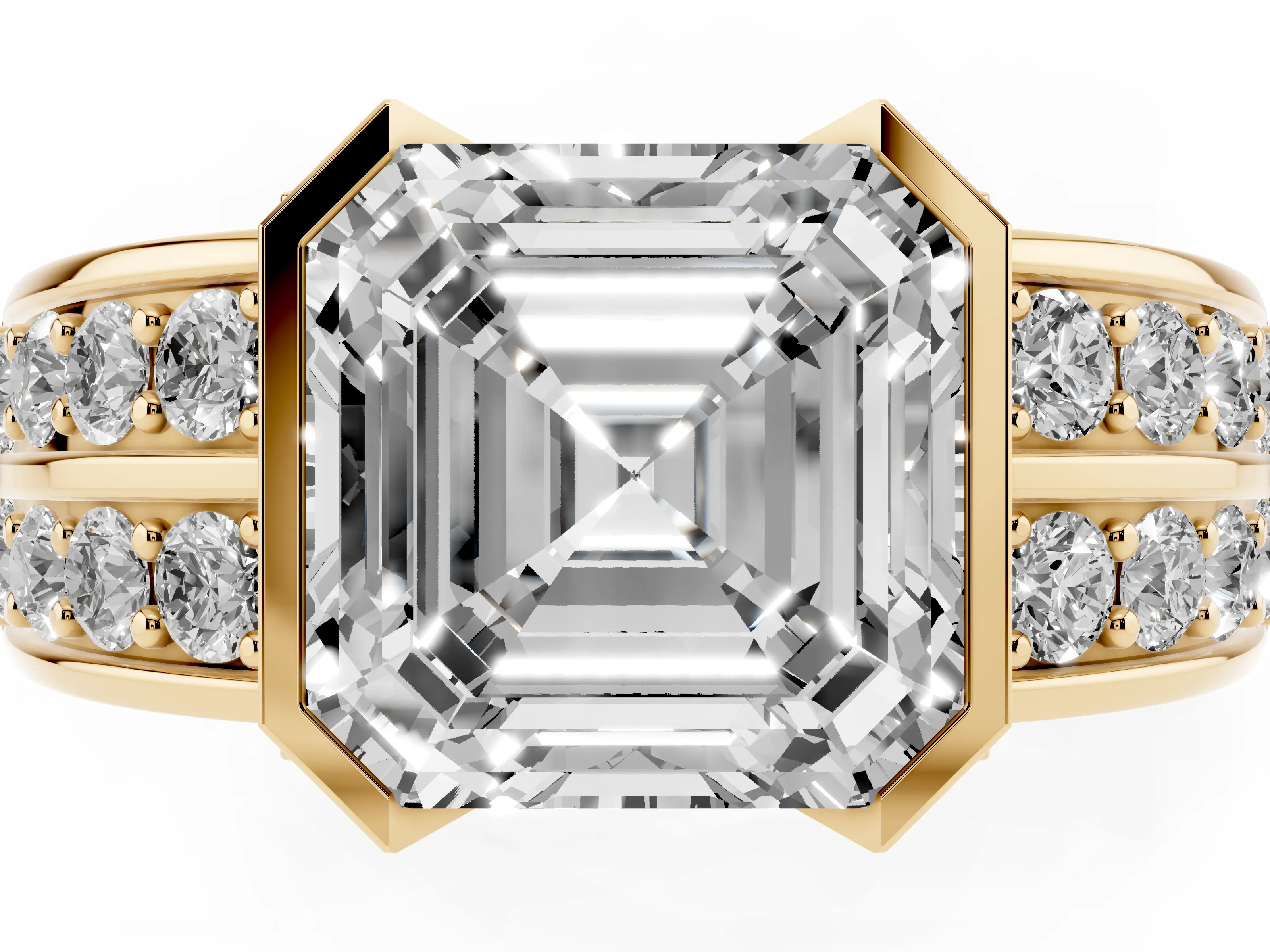 Asscher Cut Diamond Wide Channel Set Band Ring Set in Yellow gold with Bezel Setting