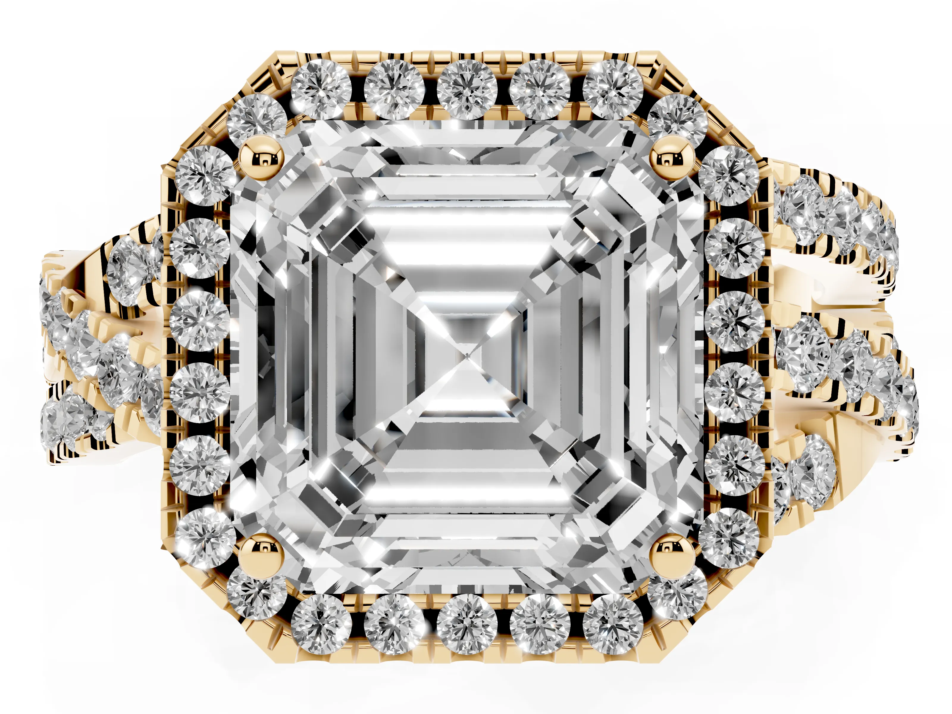 Asscher Cut Diamond Halo Ring Set in Yellow gold with Round Crossover Split Shank and Prong Setting