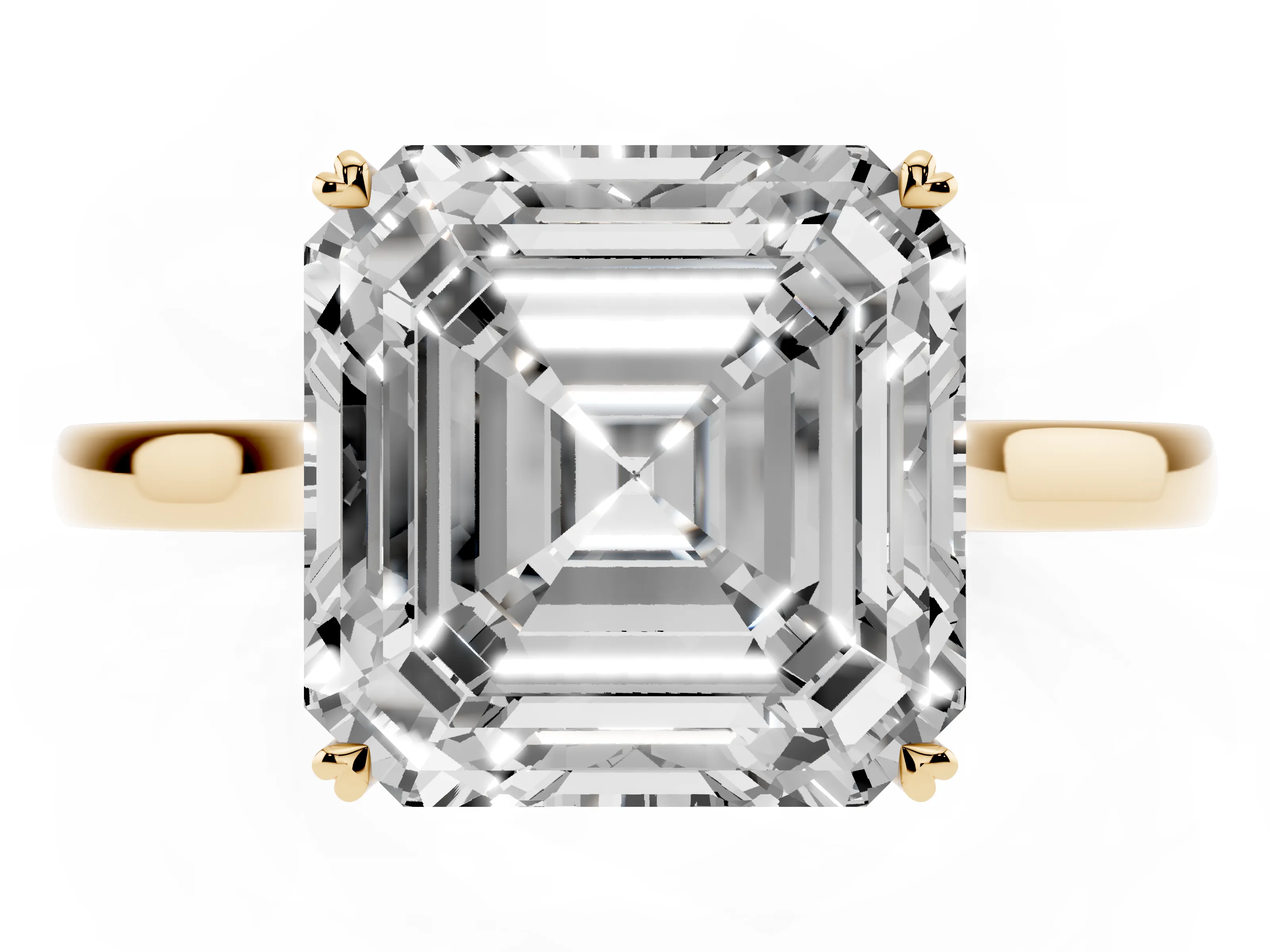 Asscher Cut Diamond Solitaire Heart Prong Engagement Ring Set in Yellow gold with Tapered Band
