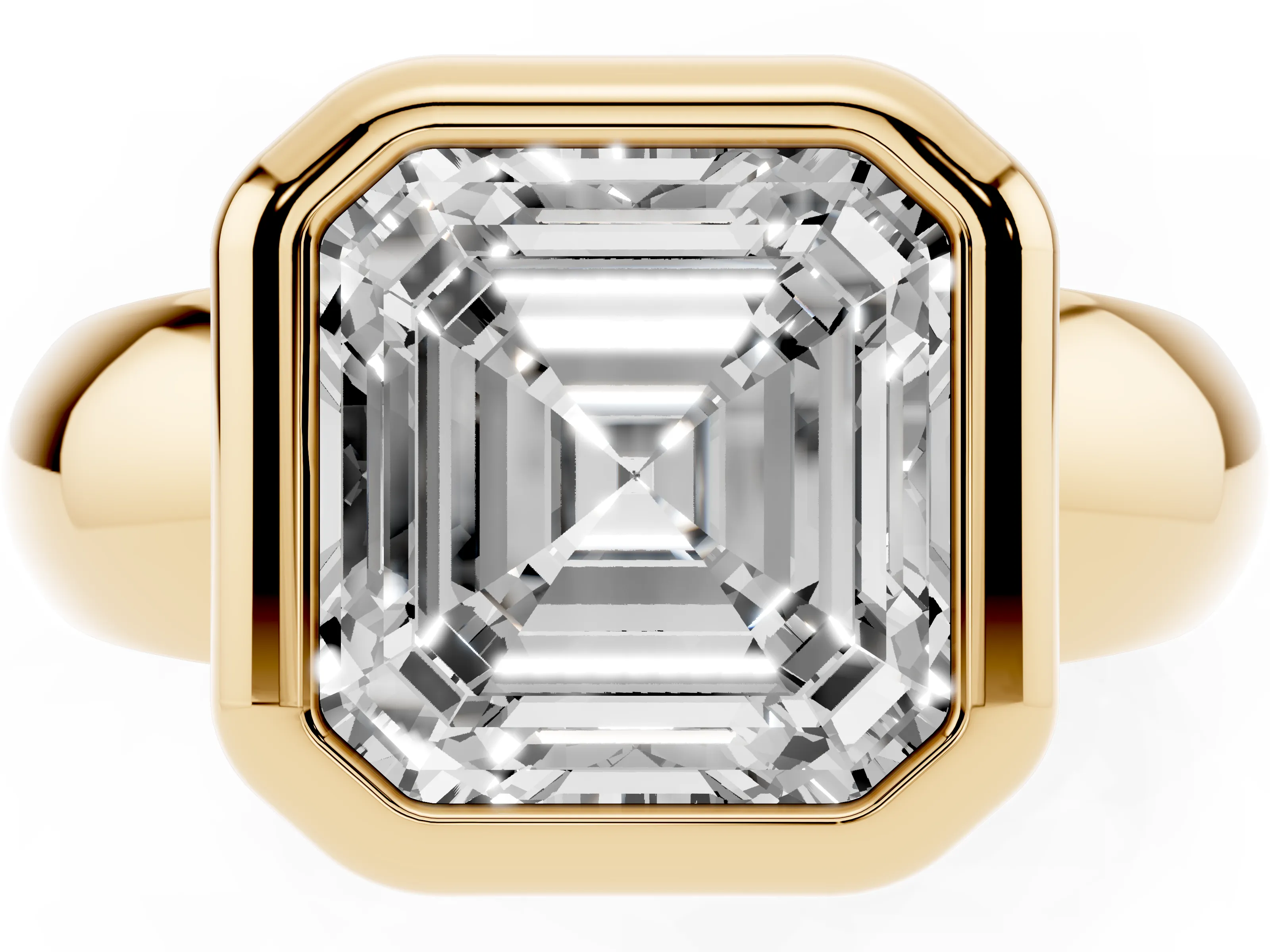 Bezel Set Asscher Cut Diamond Solitaire Ring Set in Yellow gold with Wide Band