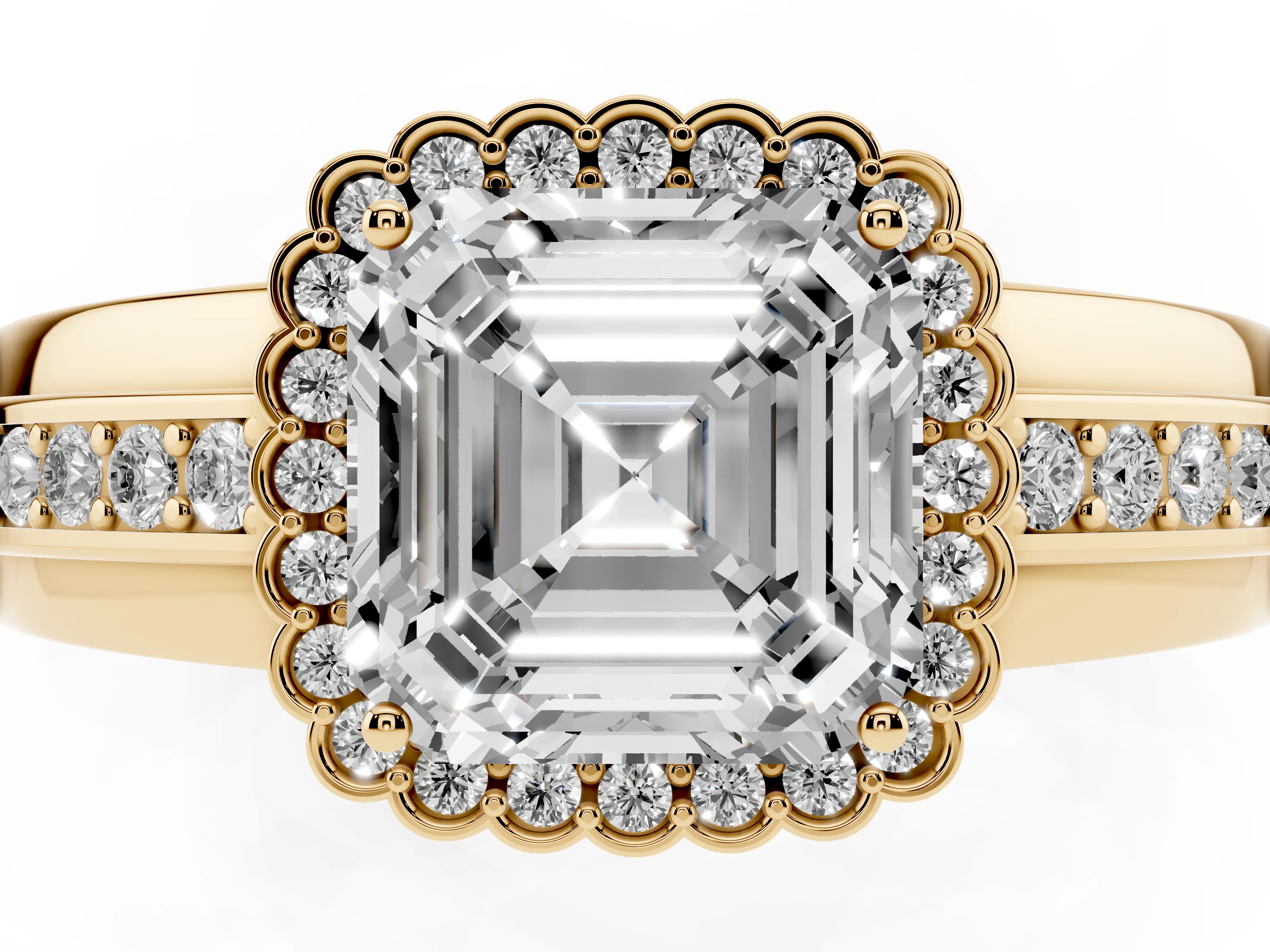 Asscher Cut Diamond Halo Prong Ring Set in Yellow gold with Pavé Band
