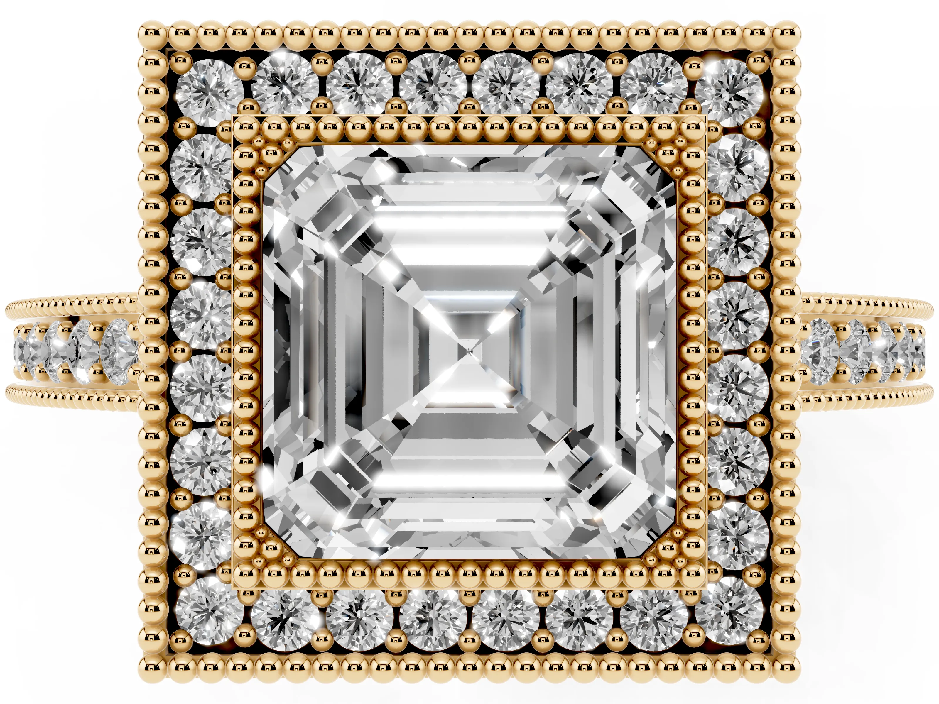 Asscher Cut Diamond Round Halo Ring Set in Yellow gold with Pavé Band