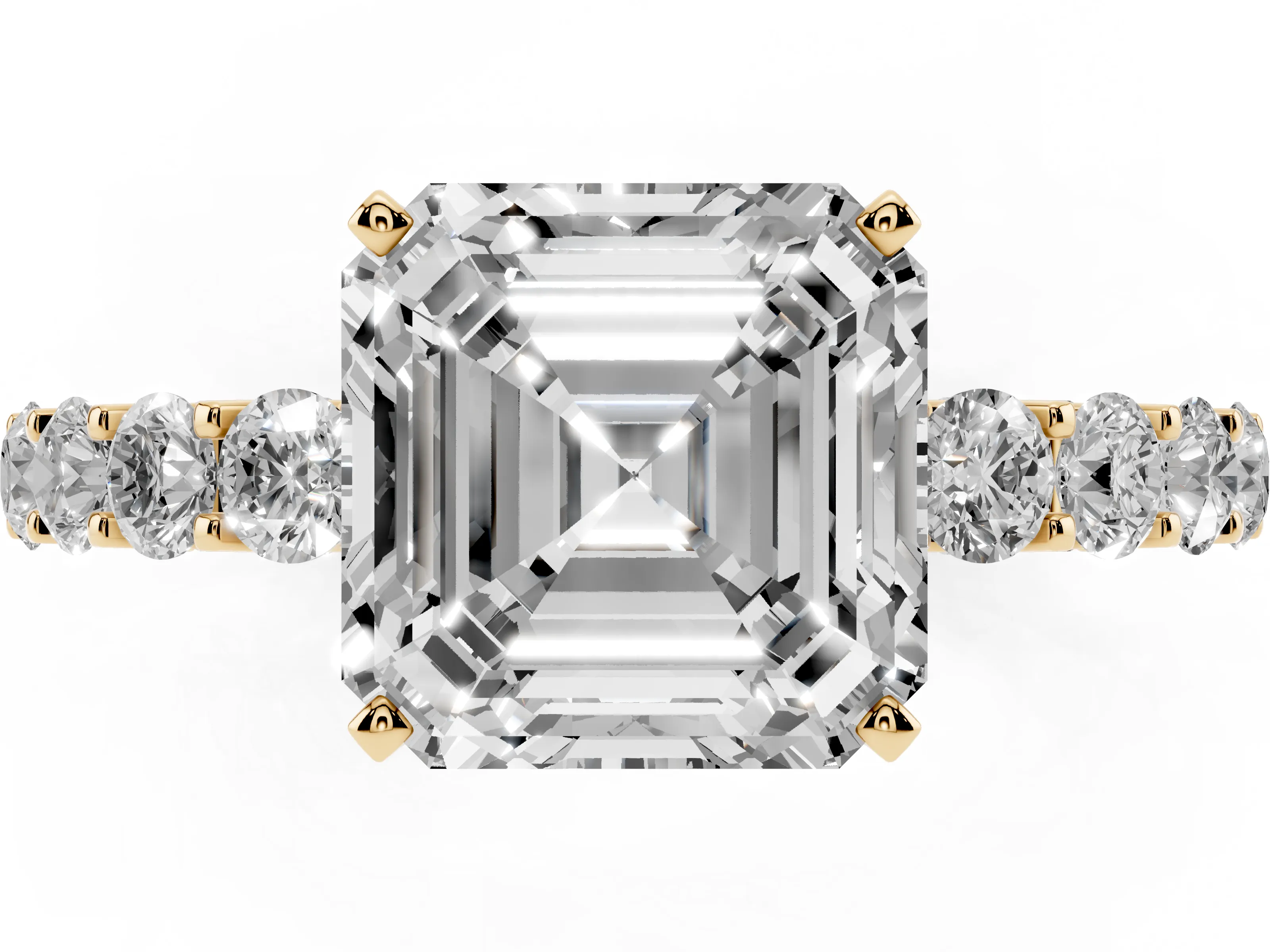 Asscher Cut Diamond Solitaire Ring Set in Yellow gold with Shared Prong Pavé Band