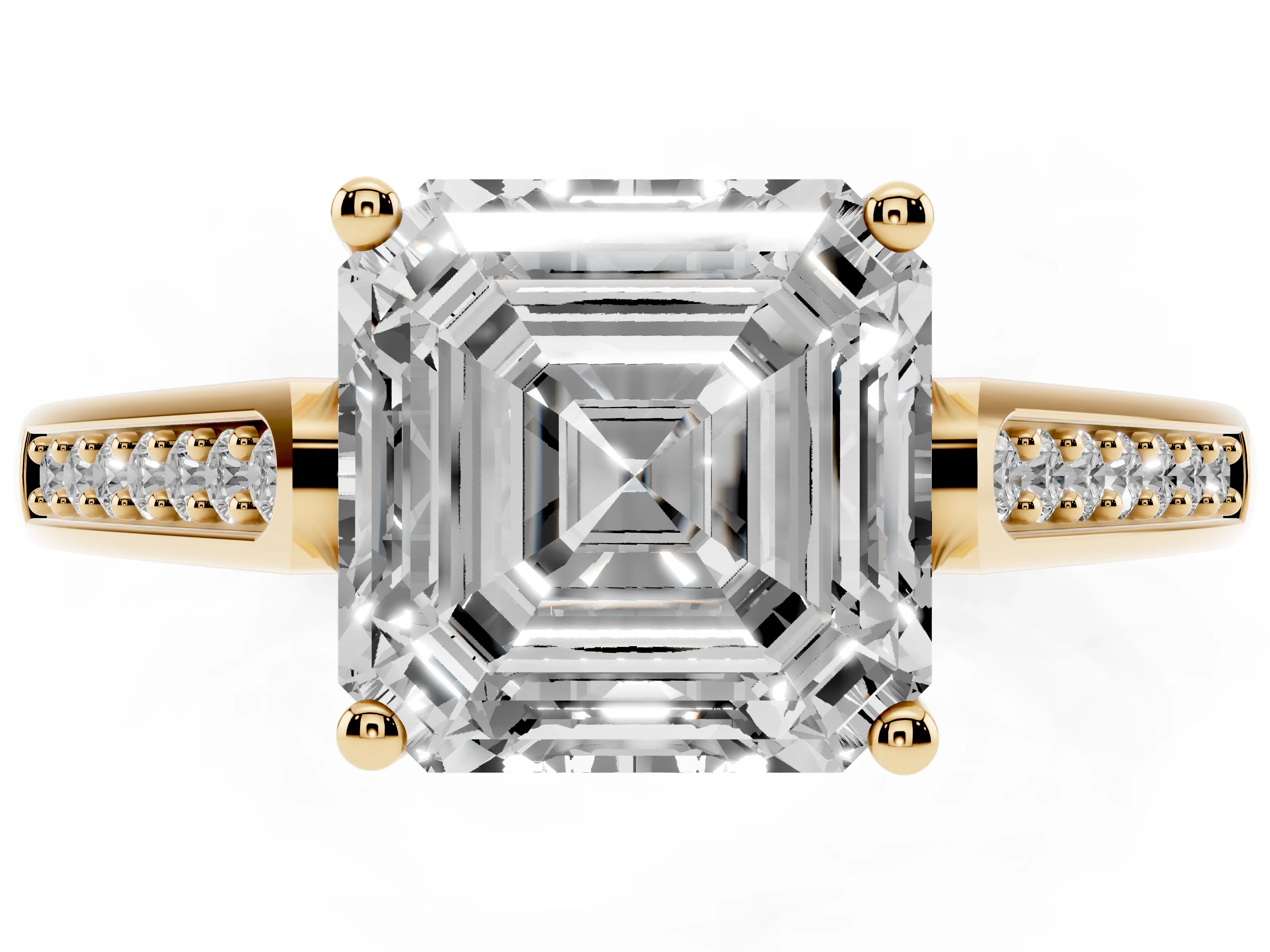 Asscher Cut Diamond Solitaire Cathedral Engagement Ring Set in Yellow gold with Channel-Set Band and Prong Setting