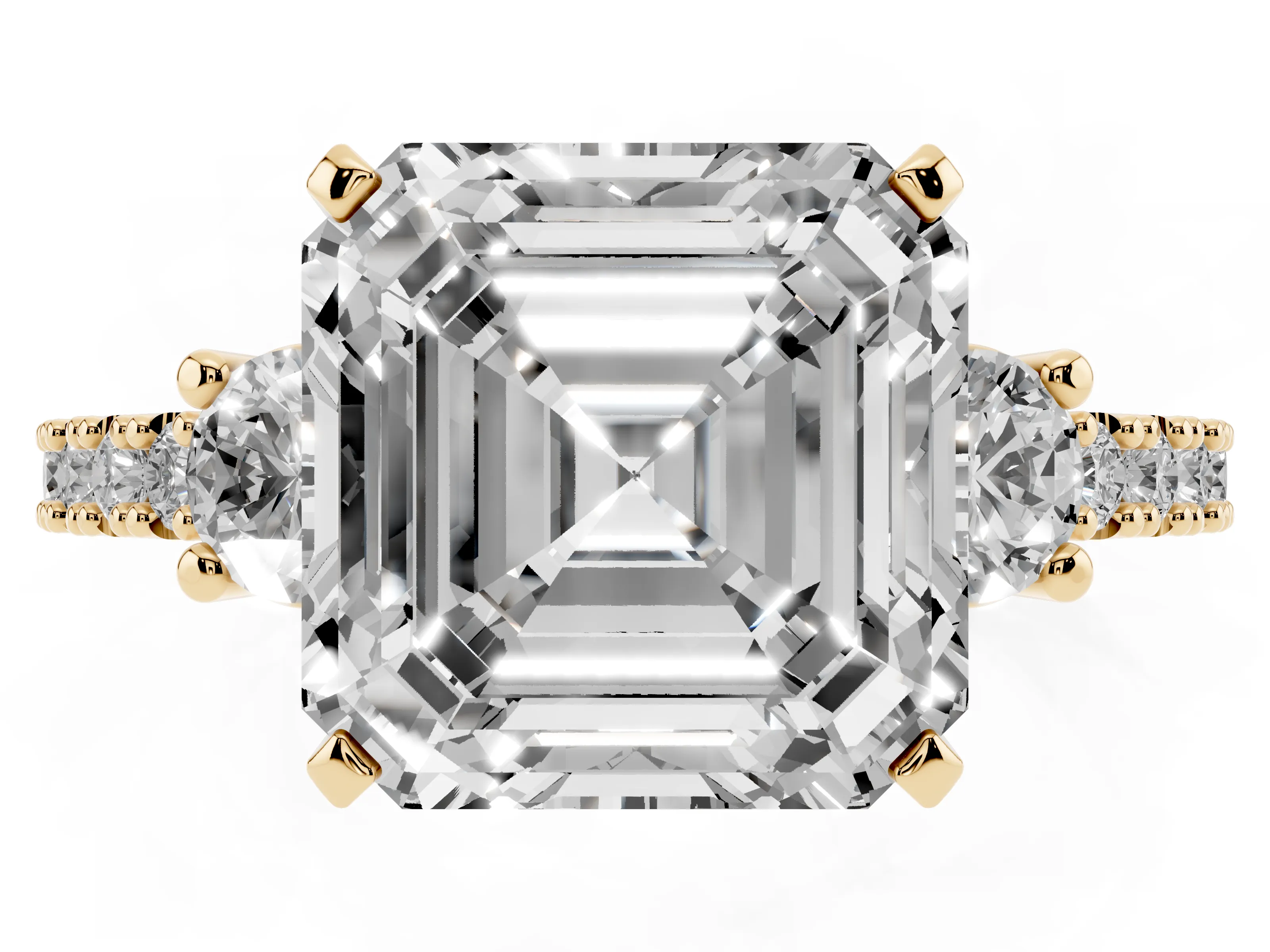 Three-Stone Asscher Cut Diamond Pavé Band Ring Set in Yellow gold with Prong Setting