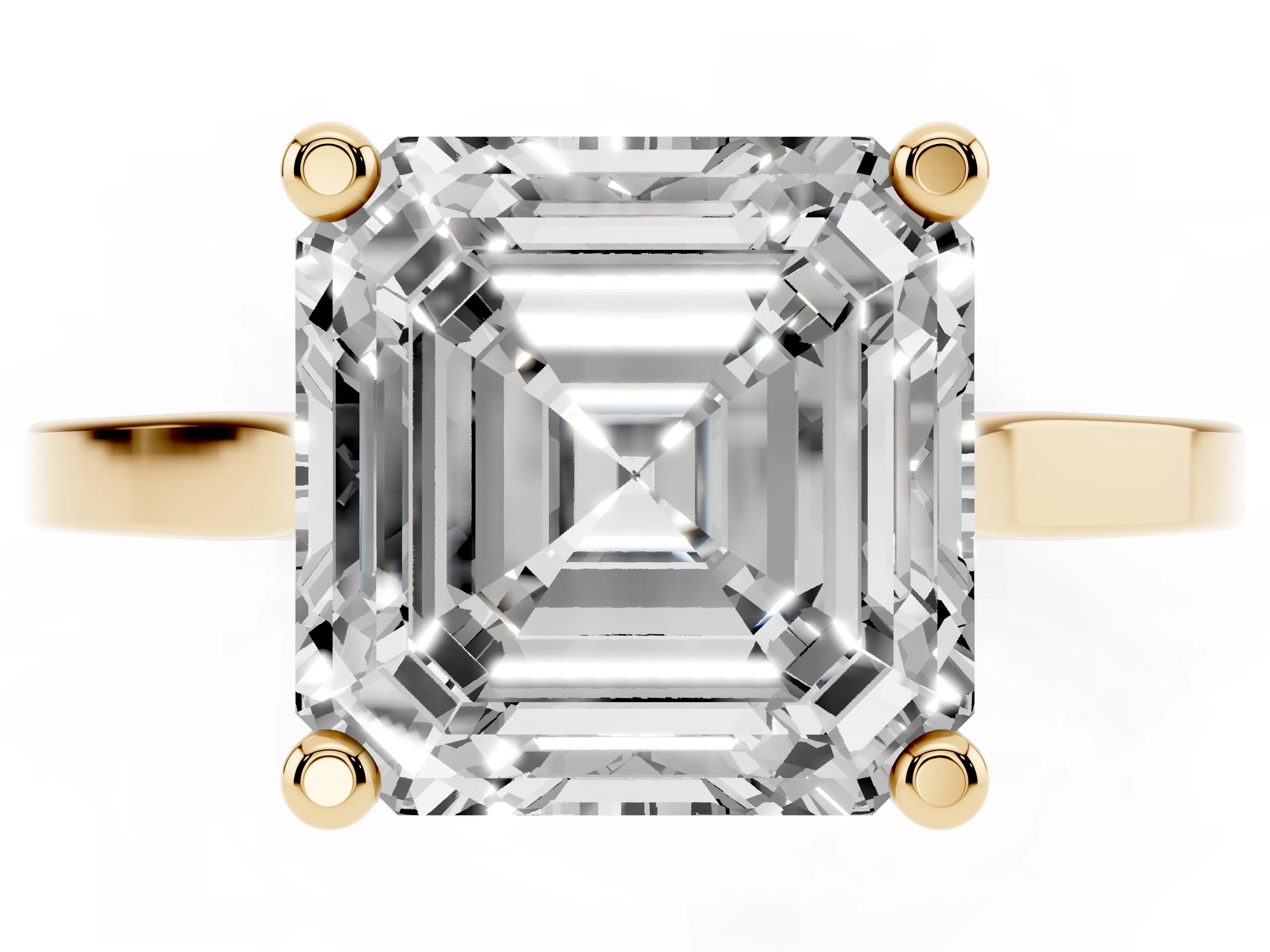 Asscher Cut Diamond Solitaire Ring Set in Yellow gold with Prong Setting and Tapered Band